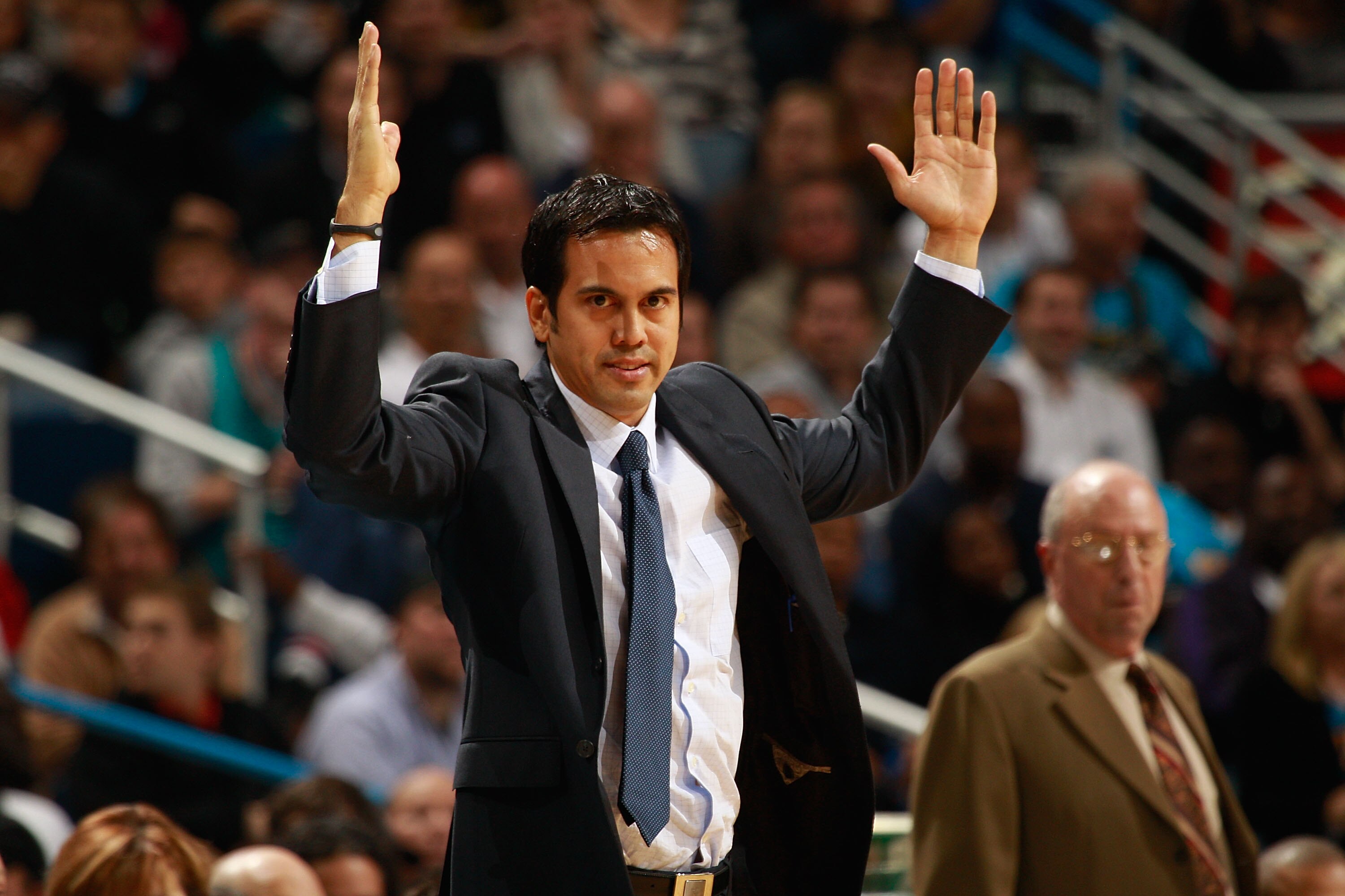 NEW ORLEANS - NOVEMBER 05:  Head coach Erik Spoelstra of the Miami Heat at the New Orleans Arena on November 5, 2010 in New Orleans, Louisiana.  NOTE TO USER: User expressly acknowledges and agrees that, by downloading and/or using this Photograph, User i