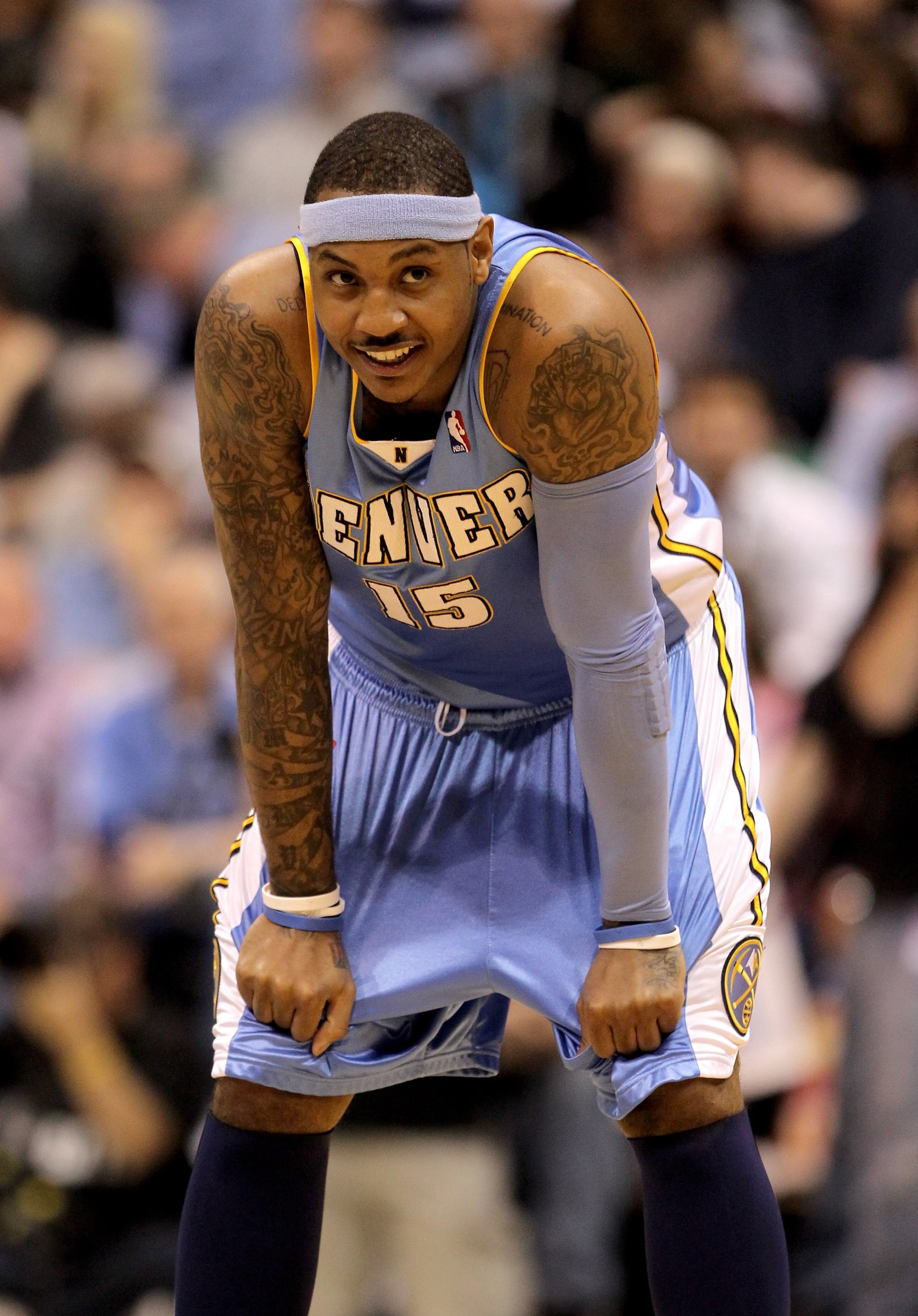 SALT LAKE CITY - APRIL 30:  Carmelo Anthony #15 of the Denver Nuggets stands on the court during their game against the Utah Jazz in Game Six of the Western Conference Quarterfinals of the 2010 NBA Playoffs at EnergySolutions Arena on April 30, 2010 in Sa
