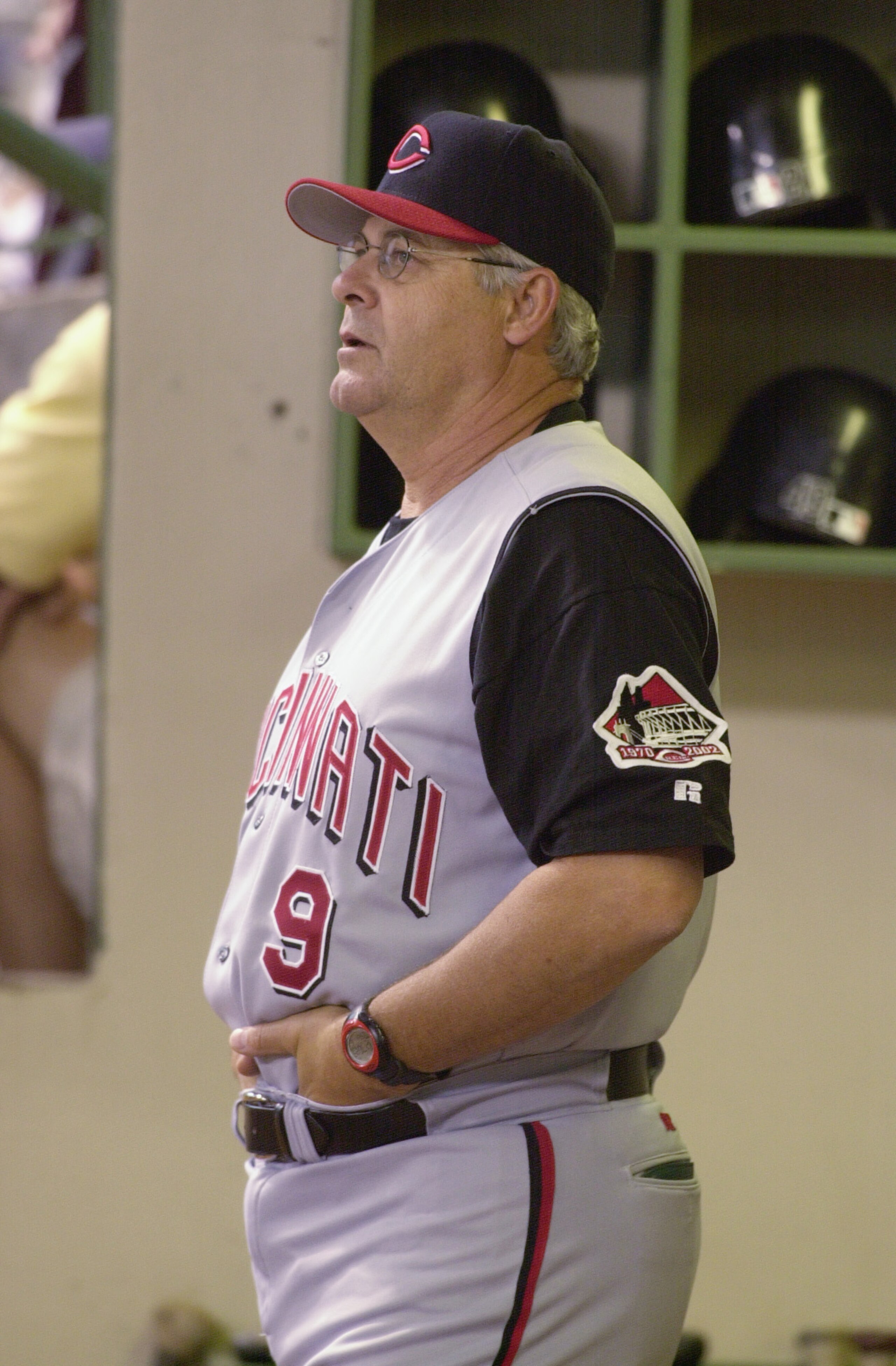 MILWAUKEE, WI - MAY 16: Manager Bob Boone #9 of the Cincinnatti Reds watches the action against the Milwaukee Brewers  in a game at Miller Park in Milwaukee, Wisconsin. The Reds defeated the Brewers 2-1 in 11 innings. (Photo by Jonathan Daniel/Getty Image
