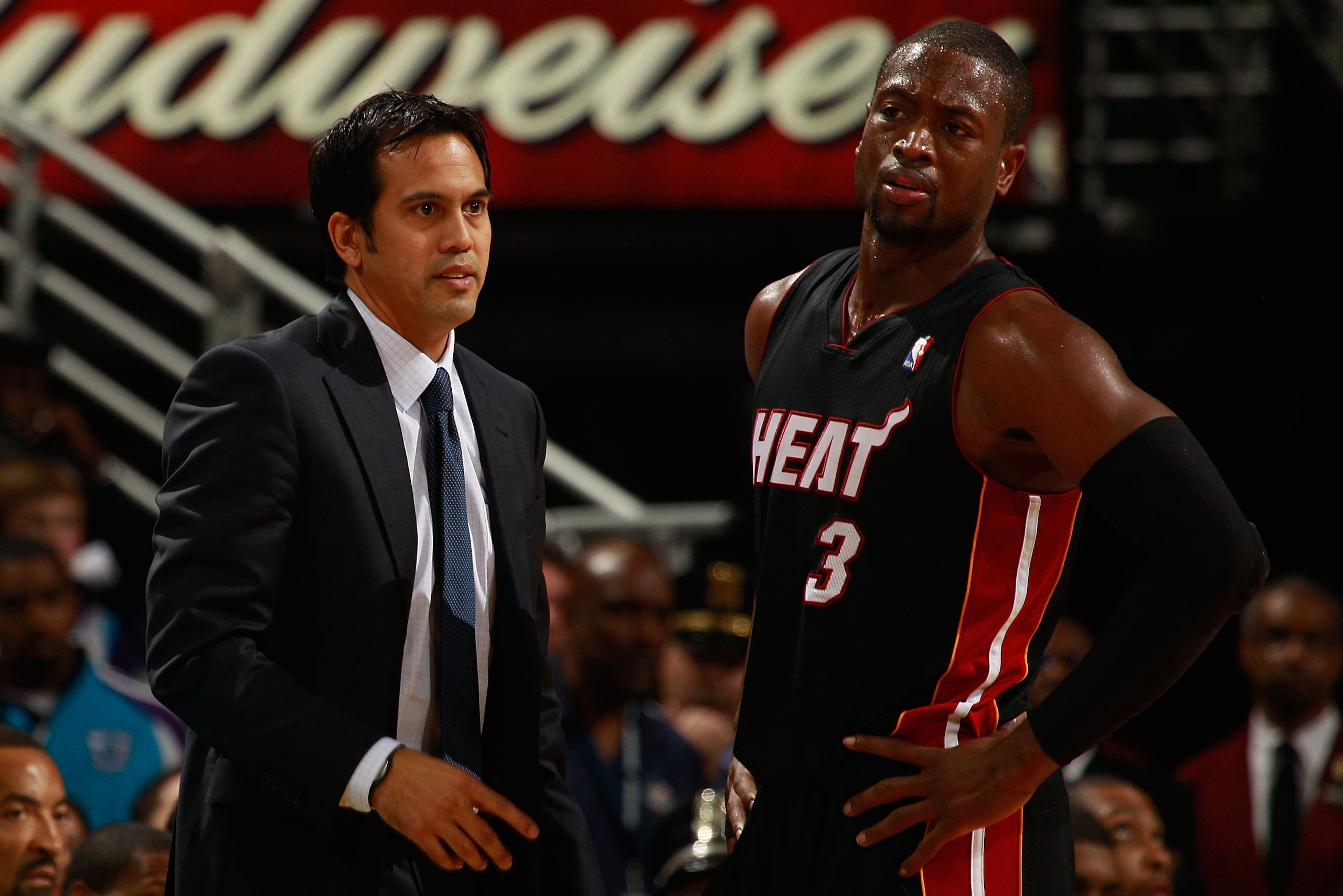 NEW ORLEANS - NOVEMBER 05: Head coach Erik Spoelstra talks with Dwyane Wade #3 of the Miami Heat at the New Orleans Arena on November 5, 2010 in New Orleans, Louisiana. NOTE TO USER: User expressly acknowledges and agrees that, by downloading and/or usi NEW ORLEANS - NOVEMBER 05: Head coach Erik Spoelstra talks with Dwyane Wade #3 of the Miami Heat at the New Orleans Arena on November 5, 2010 in New Orleans, Louisiana. NOTE TO USER: User expressly acknowledges and agrees that, by downloading and/or usi