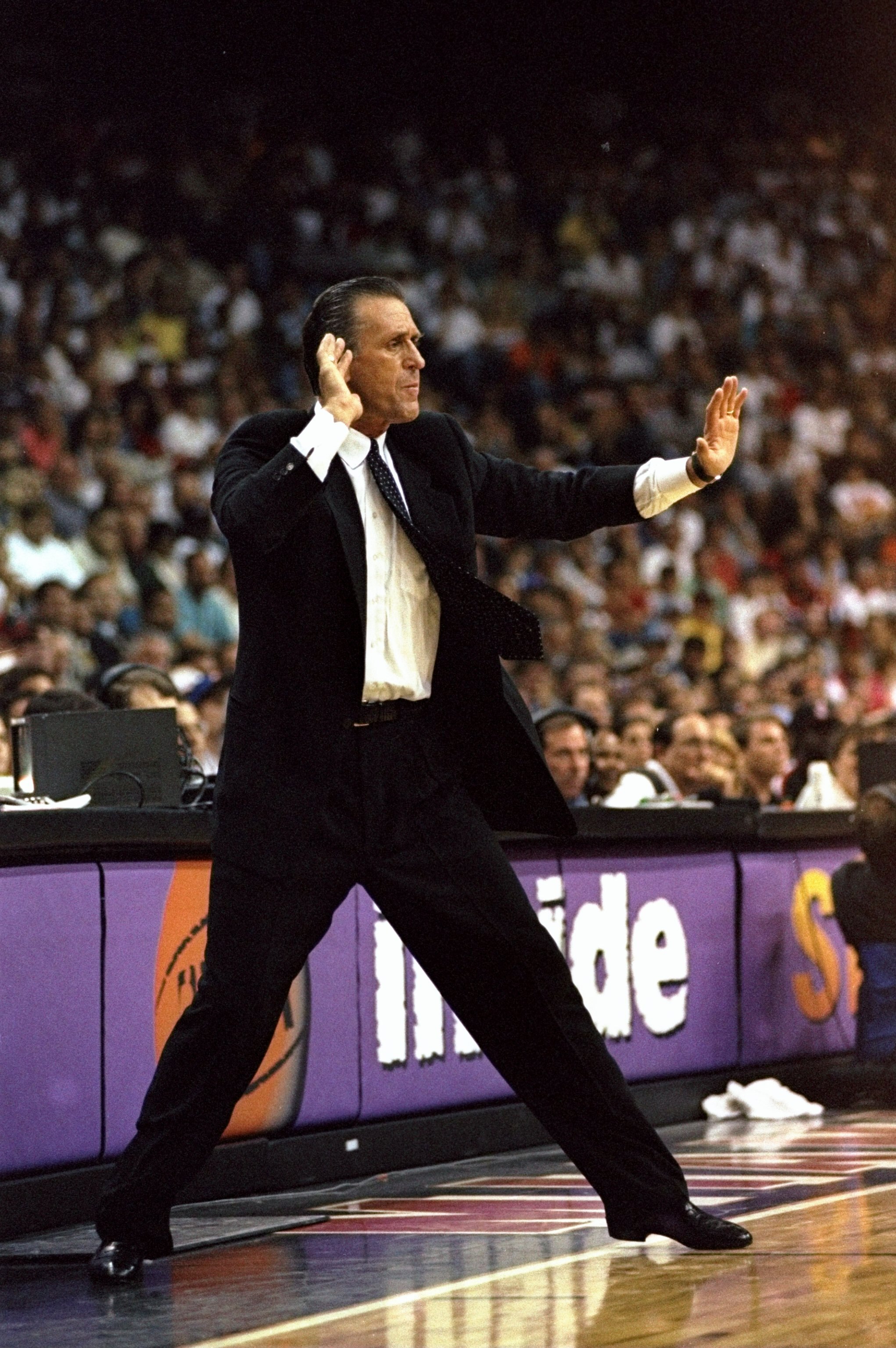 3 May 1998:  Miami Heat head coach Pat Riley gestures during game five, of the first round of the Eastern Conference Playoffs against the New York Knicks at the Miami Arena in Miami, Florida. The Knicks defeated the Heat 98-81. Mandatory Credit: Vincent