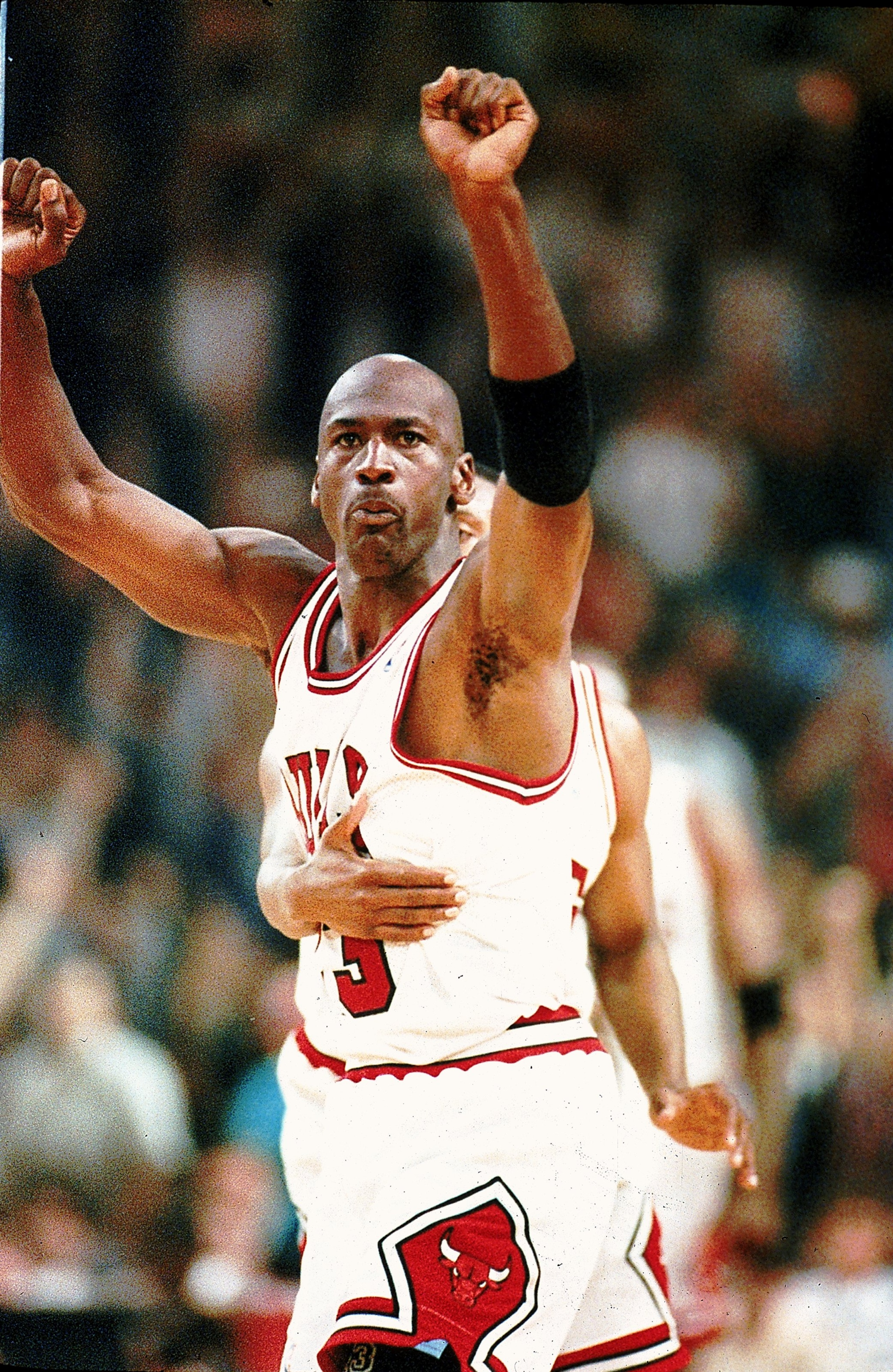 16 Jun 1993: Michael Jordan #23 of the Chicago Bulls celebrates during game four of the NBA Finals against the Phoenix Suns.