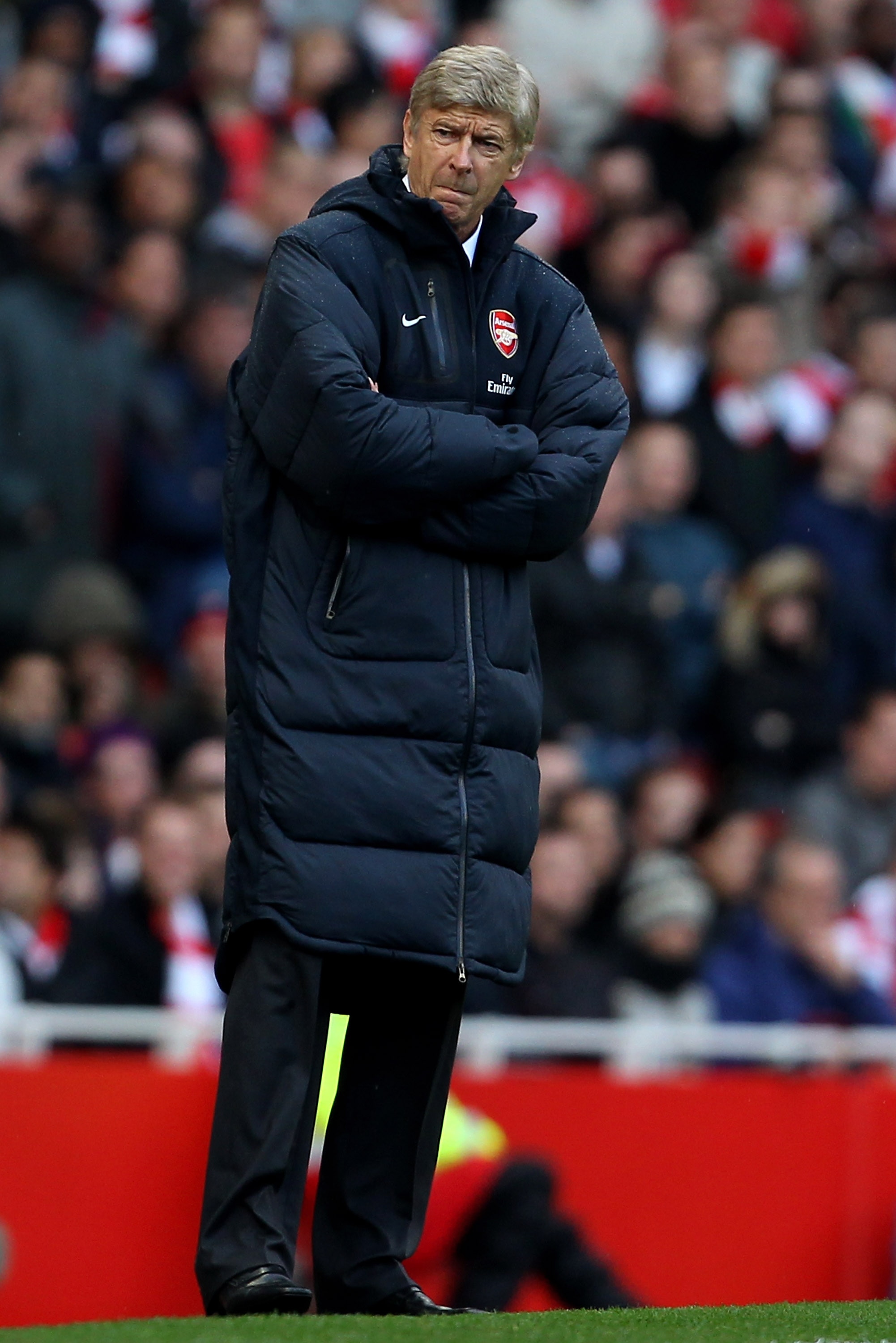 LONDON, ENGLAND - OCTOBER 30:  Manager Arsene Wenger looks on from the the touchline during the Barclays Premier League match between Arsenal and West Ham United at Emirates Stadium on October 30, 2010 in London, England.  (Photo by Clive Rose/Getty Image
