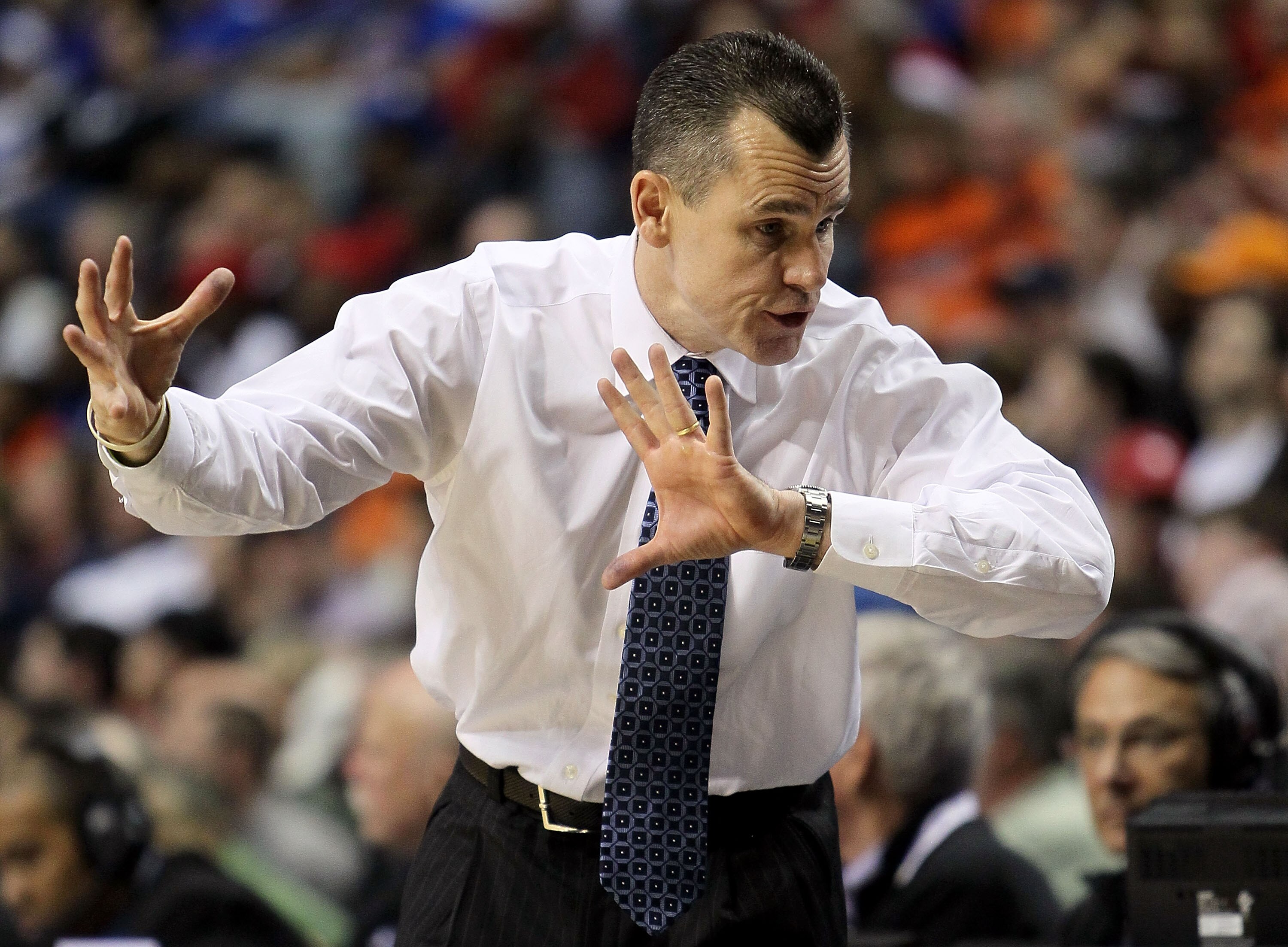 NASHVILLE, TN - MARCH 11:  Head coach Billy Donovan of the Florida Gators gestures as he coaches against the Auburn Tigers during the first round of the SEC Men's Basketball Tournament at the Bridgestone Arena on March 11, 2010 in Nashville, Tennessee.  (
