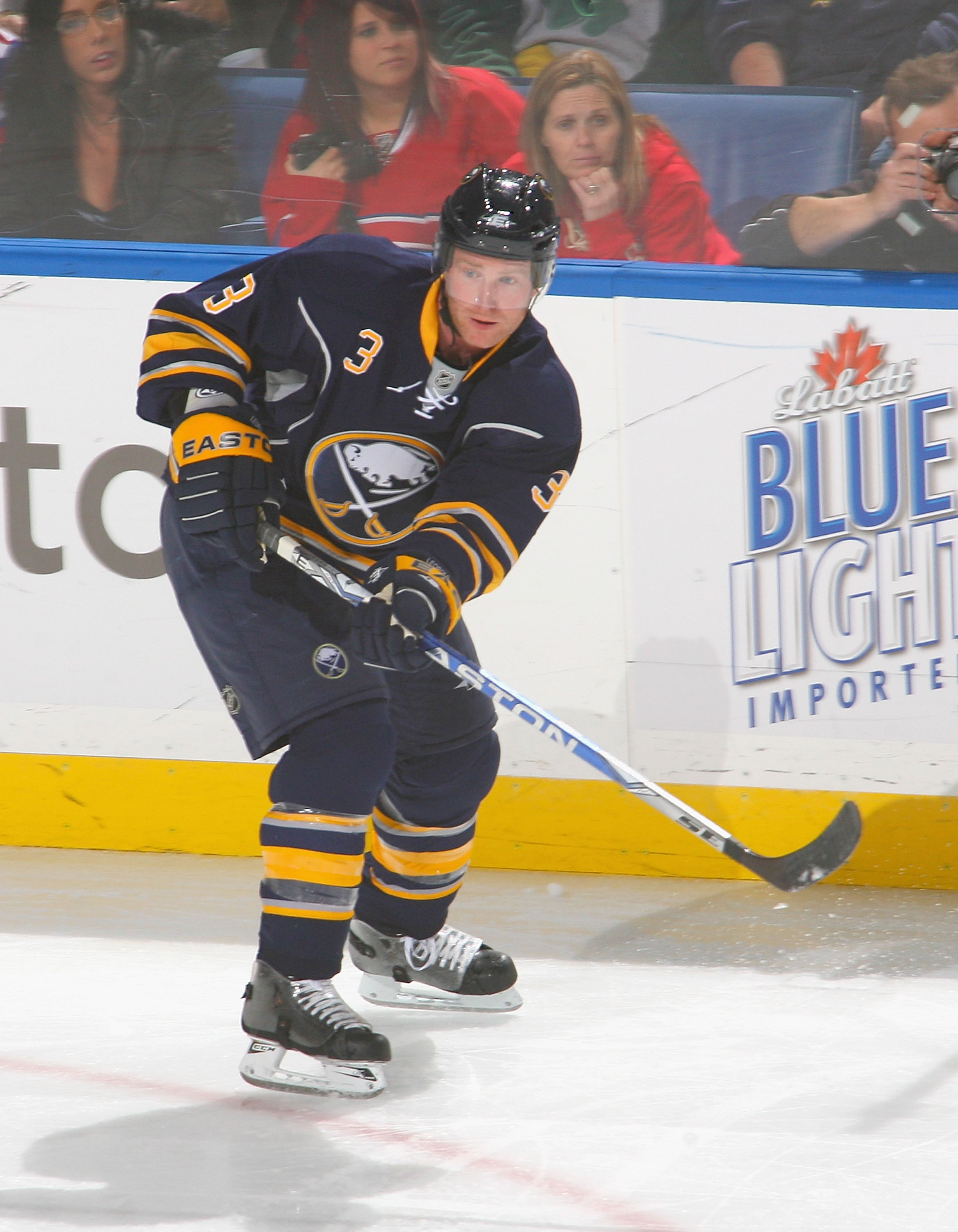 BUFFALO, NY - NOVEMBER 05: Jordan Leopold #3 of the Buffalo Sabres skates against the Montreal Canadiens on November 5, 2010 in Buffalo, New York. Montreal won 3-2. (Photo by Rick Stewart/Getty Images)