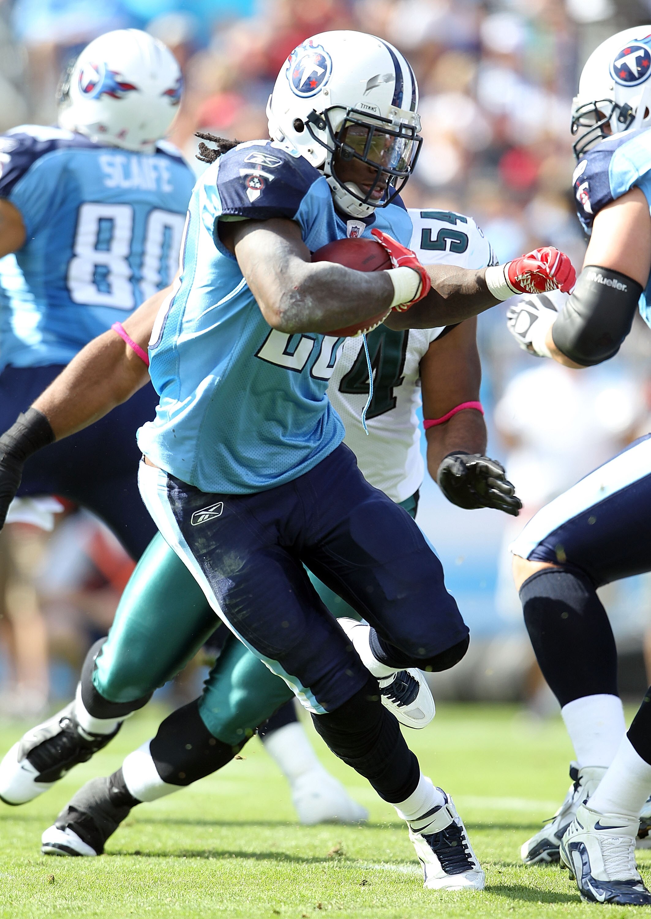 NASHVILLE, TN - OCTOBER 24:  Chris Johnson #28 of the Tennessee Titans runs with the ball during the NFL game against the Philadelphia Eagles at LP Field on October 24, 2010 in Nashville, Tennessee. The Titans won 37-19.  (Photo by Andy Lyons/Getty Images