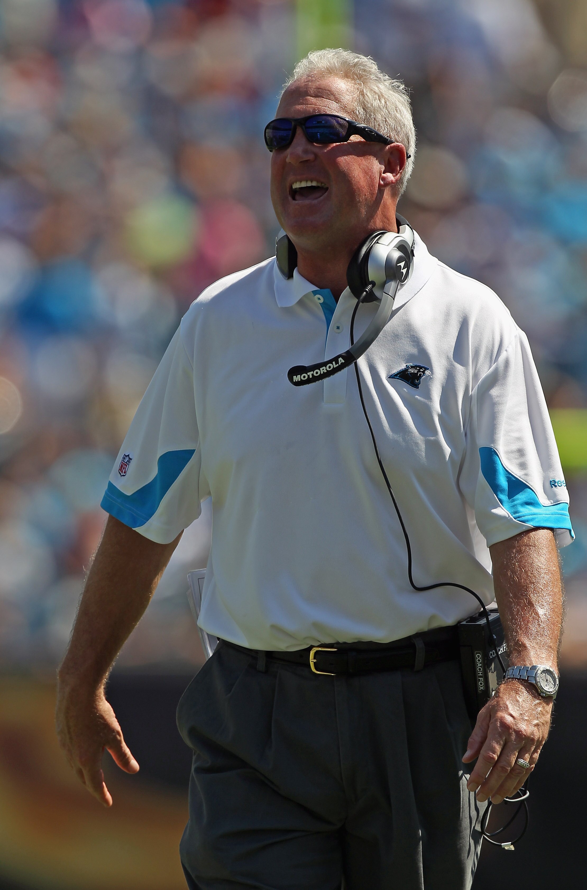 CHARLOTTE, NC - SEPTEMBER 19:  Head coach John Fox of the Carolina Panthers reacts to a call against the Tampa Bay Buccaneers during their game at Bank of America Stadium on September 19, 2010 in Charlotte, North Carolina.  (Photo by Streeter Lecka/Getty