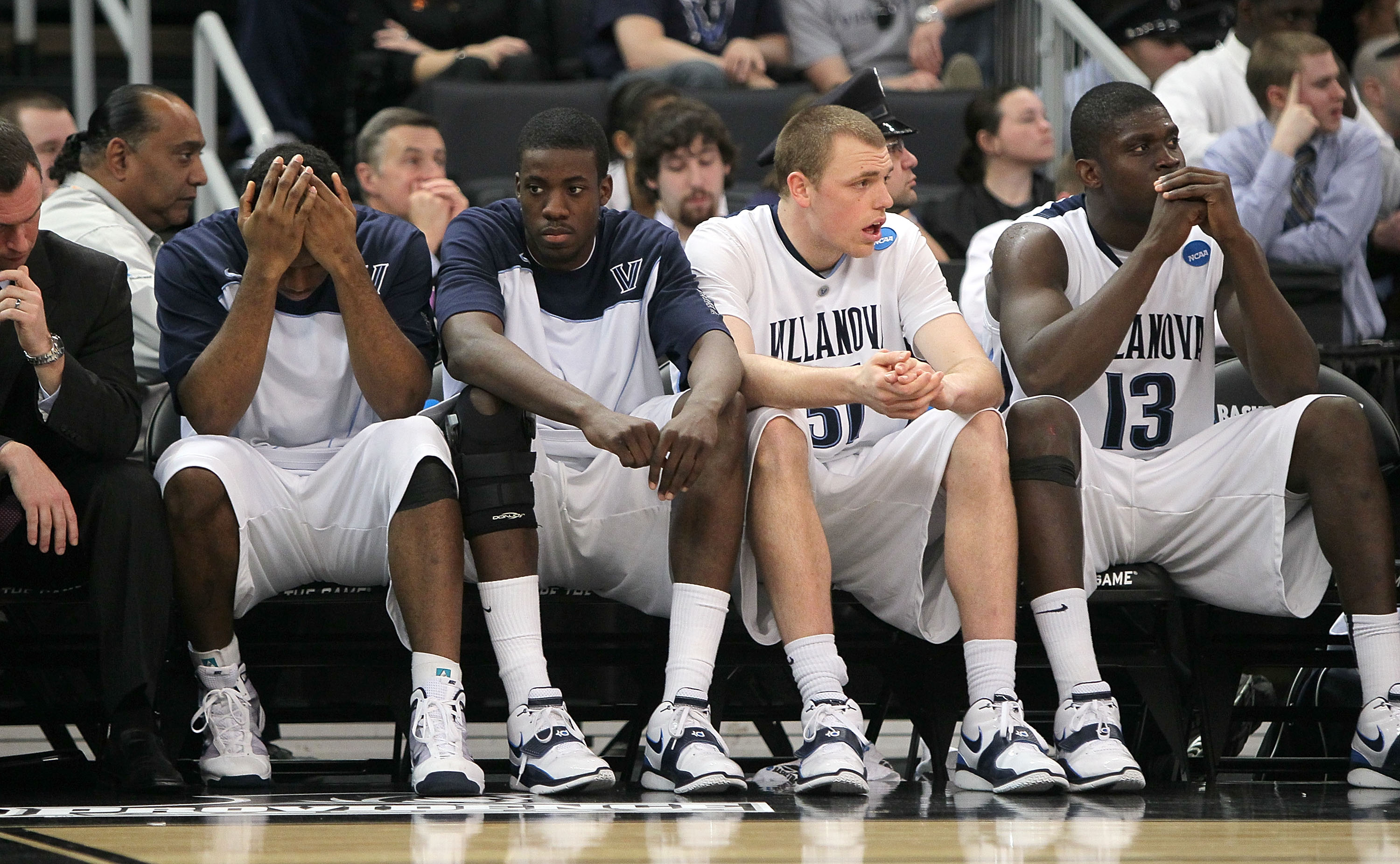 PROVIDENCE, RI - MARCH 20:  The bench of the Villanova Wildcats reacts in the closing moments of a loss to the Saint Mary's Gaels during the second round of the 2010 NCAA men's tournament at Dunkin' Donuts Center on March 20, 2010 in Providence, Rhode Isl