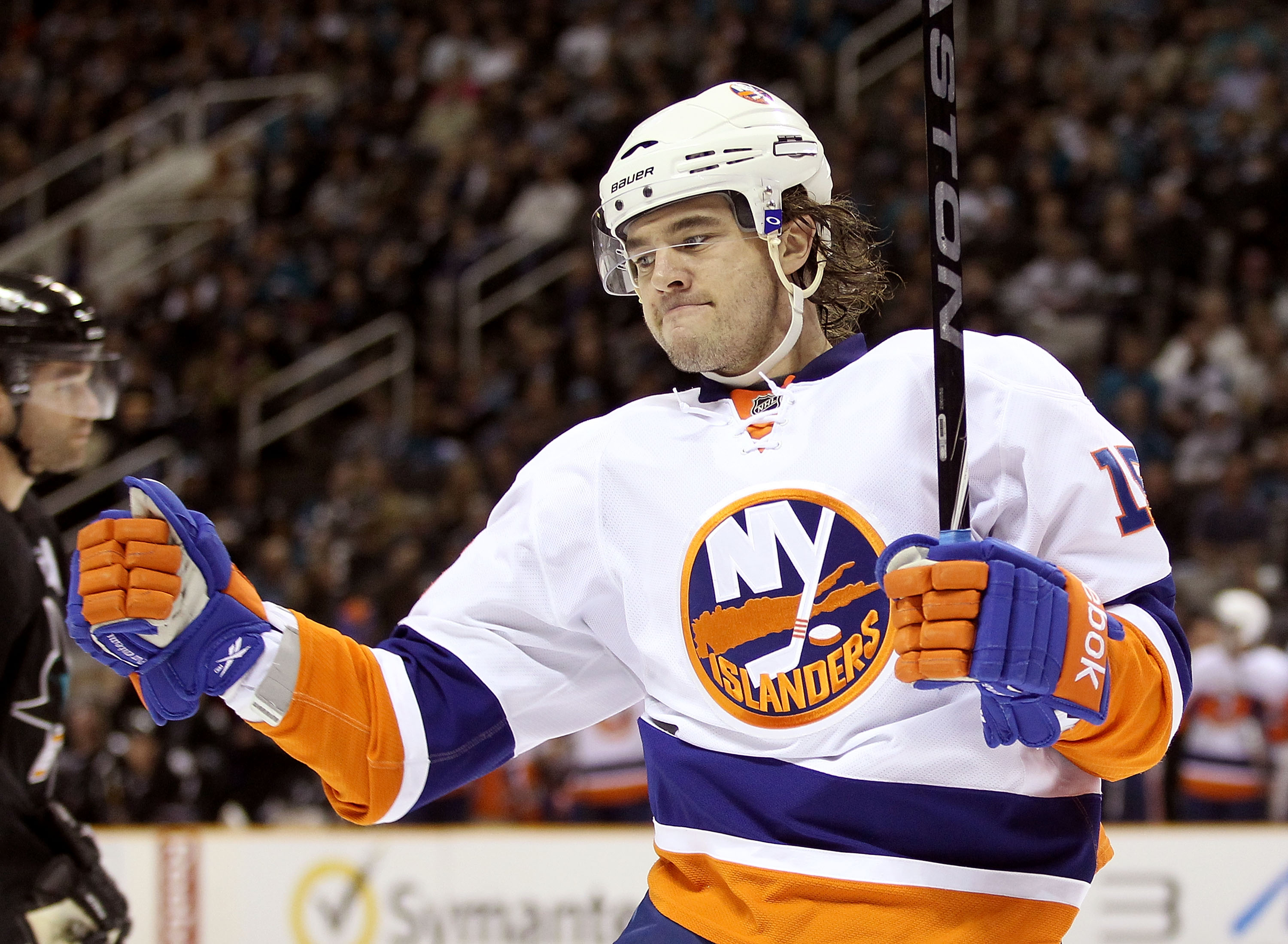 SAN JOSE, CA - NOVEMBER 11:  PA Parenteau #15 of the New York Islanders celebrates after he scored a goal in the second period of their game against the San Jose Sharks on November 11, 2010 in San Jose, California.  (Photo by Ezra Shaw/Getty Images)