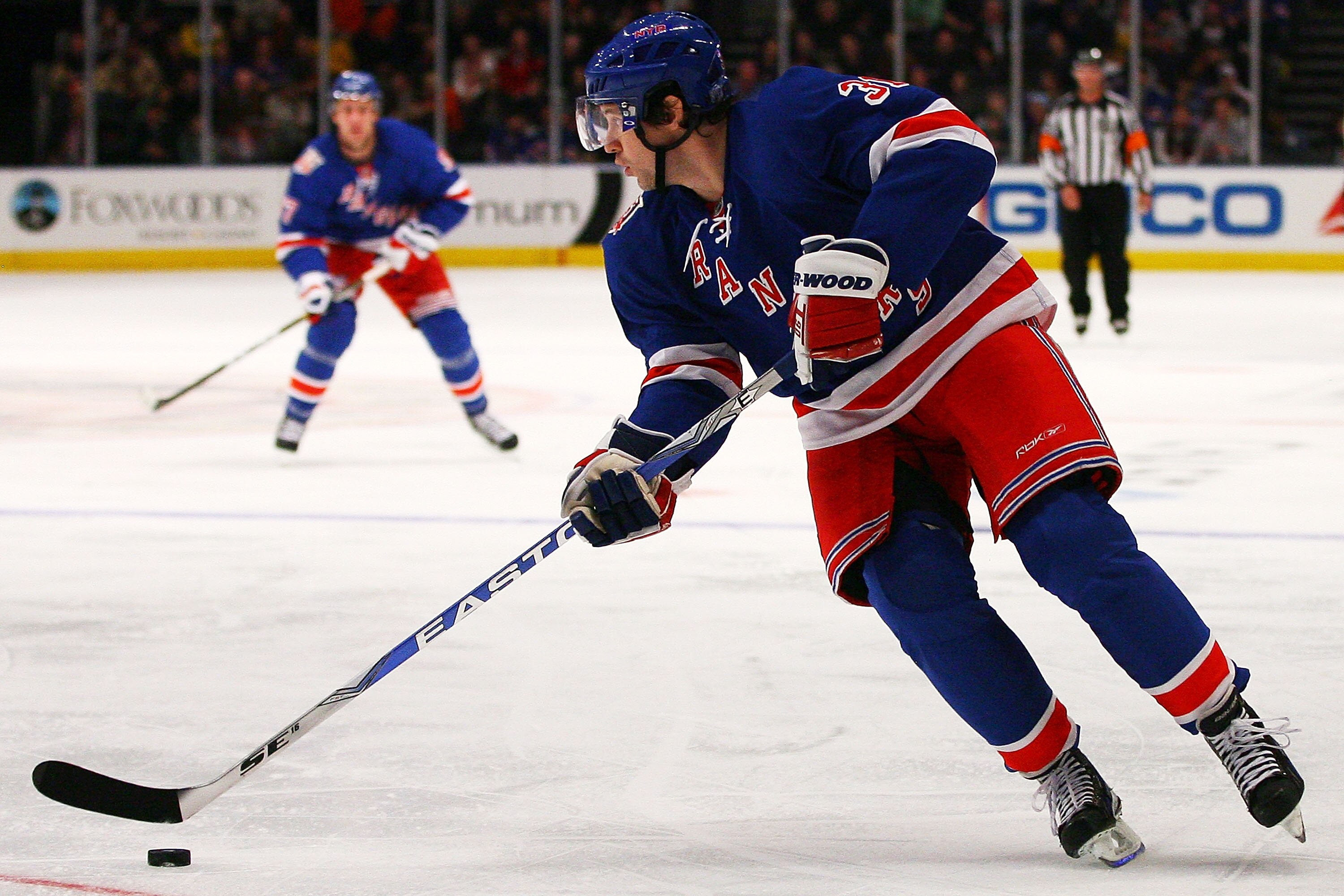 NEW YORK - OCTOBER 29:  Alex Frolov #31 of the New York Rangers skates with the puck during a game against the Carolina Hurricanes on October 29, 2010 at Madison Square Garden in New York City, New York. The Hurricanes defeated the Rangers 4-3.  (Photo by