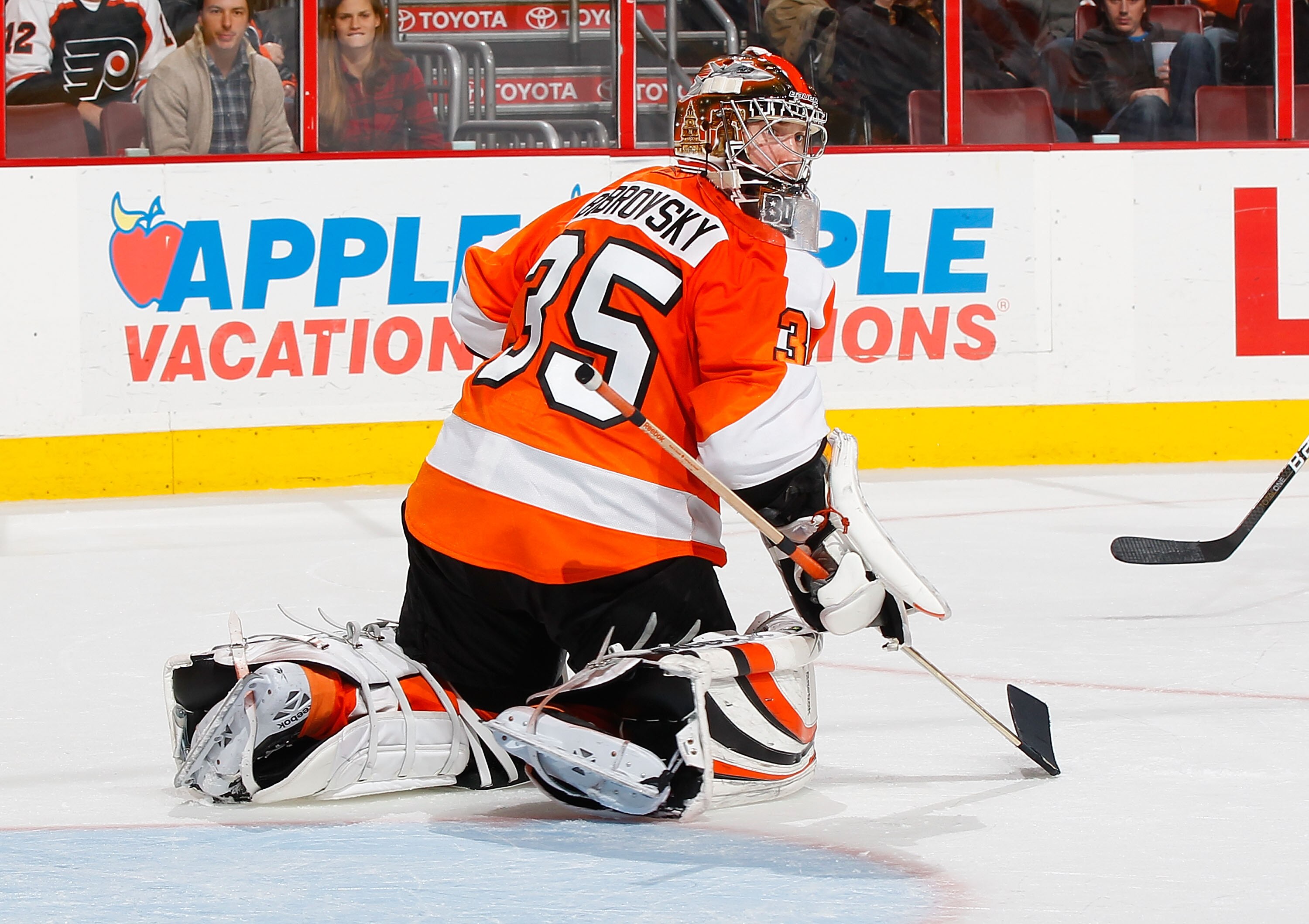 PHILADELPHIA - NOVEMBER 01:  Goaltender Sergei Bobrovsky #35 of the Philadelphia Flyers skates against the Carolina Hurricanes on November 1, 2010 at the Wells Fargo Center in Philadelphia, Pennsylvania. Flyers defeat the Hurricanes 3-2.  (Photo by Mike S