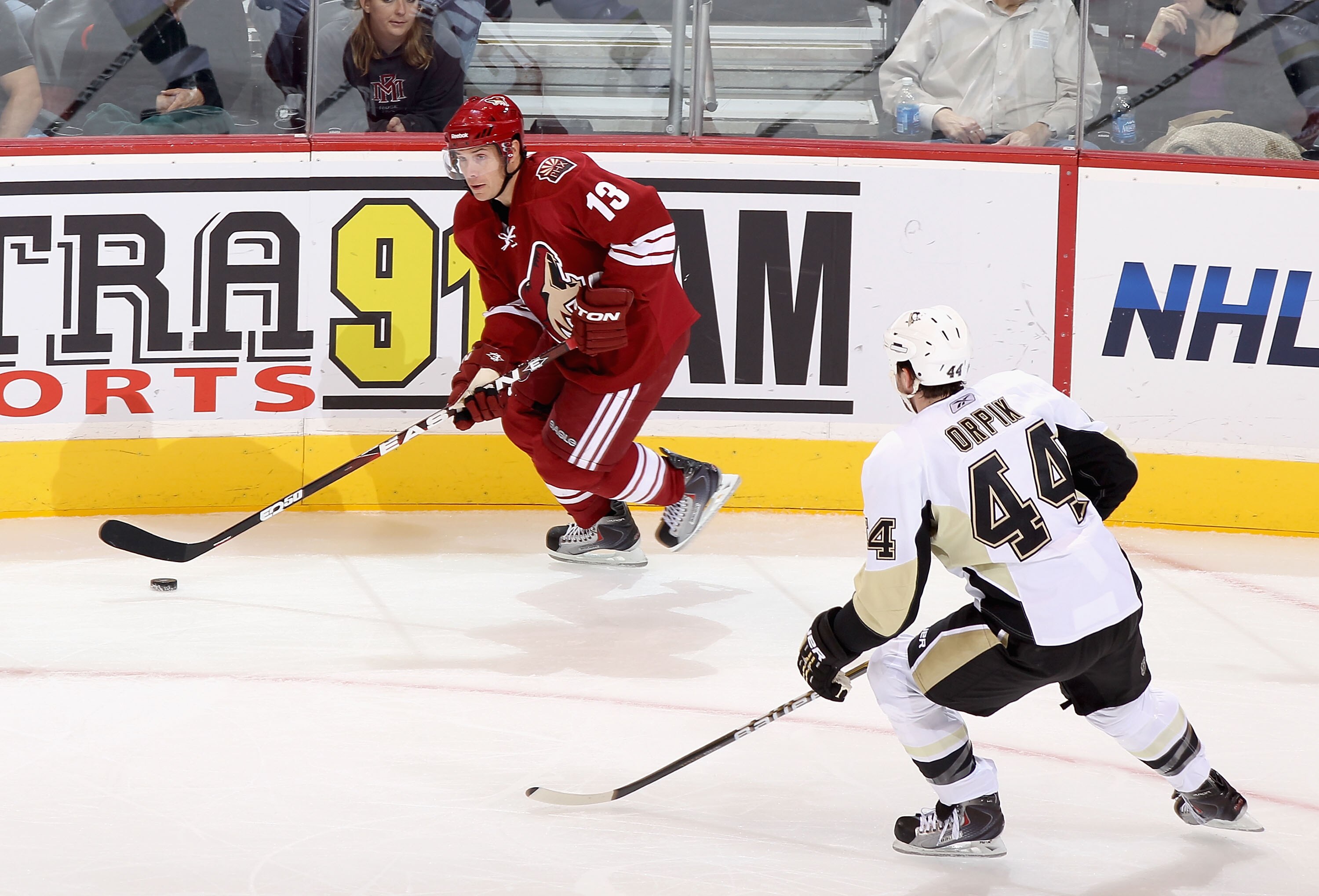 GLENDALE, AZ - NOVEMBER 06:  Ray Whitney #13 of the Phoenix Coyotes skates with the puck during the NHL game against the Pittsburgh Penguins at Jobing.com Arena on November 6, 2010 in Glendale, Arizona.  The Penguins defeated the Coyotes 4-3 in an overtim