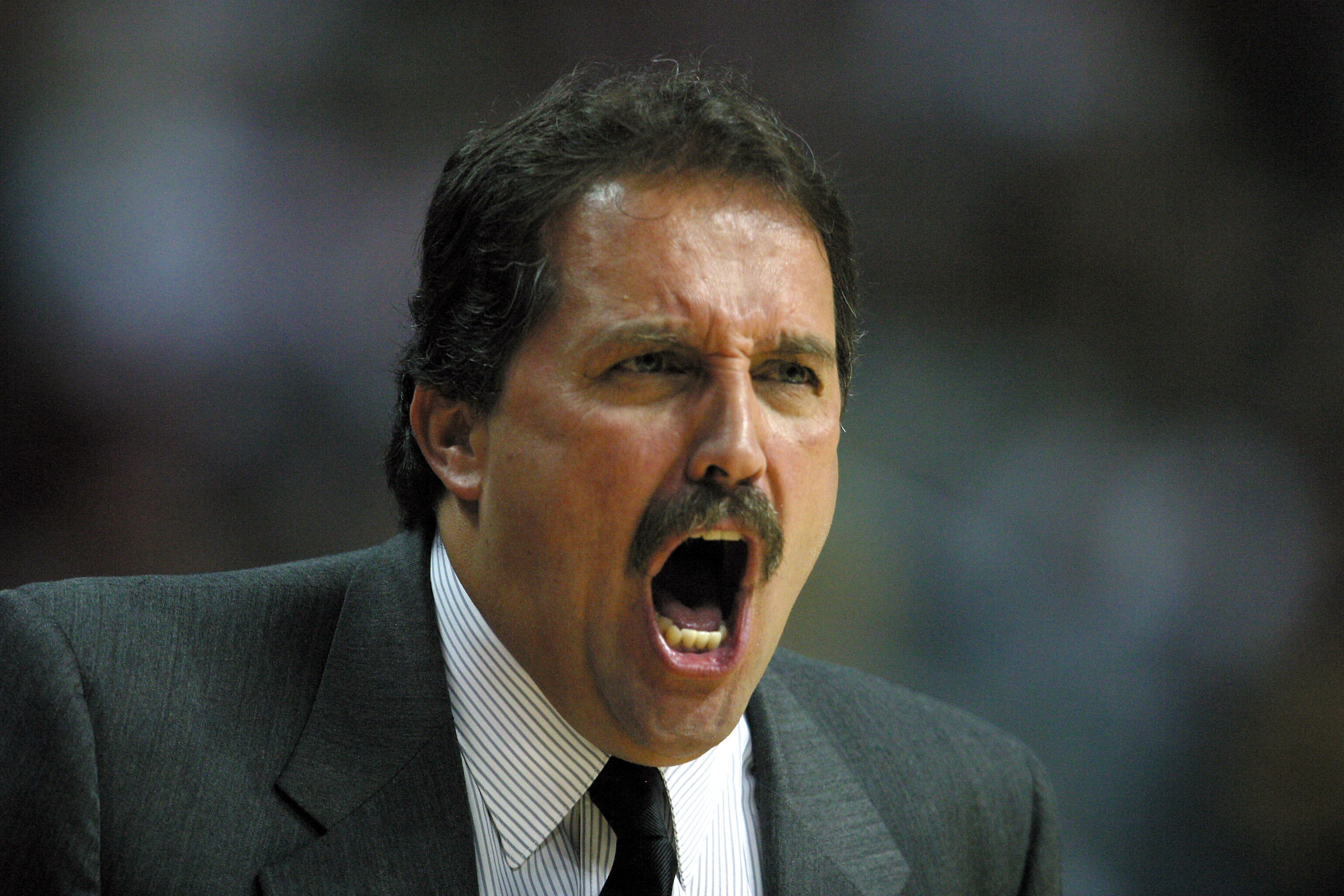 AUBURN HILLS - NOVEMBER 26: Head coach Stan Van Gundy of the Miami Heat yells from off-court during NBA action against the Detroit Pistons in the first quarter at The Palace of Auburn Hills on November 26, 2004 in Auburn Hills, Michigan.  (Photo by Tom Pi