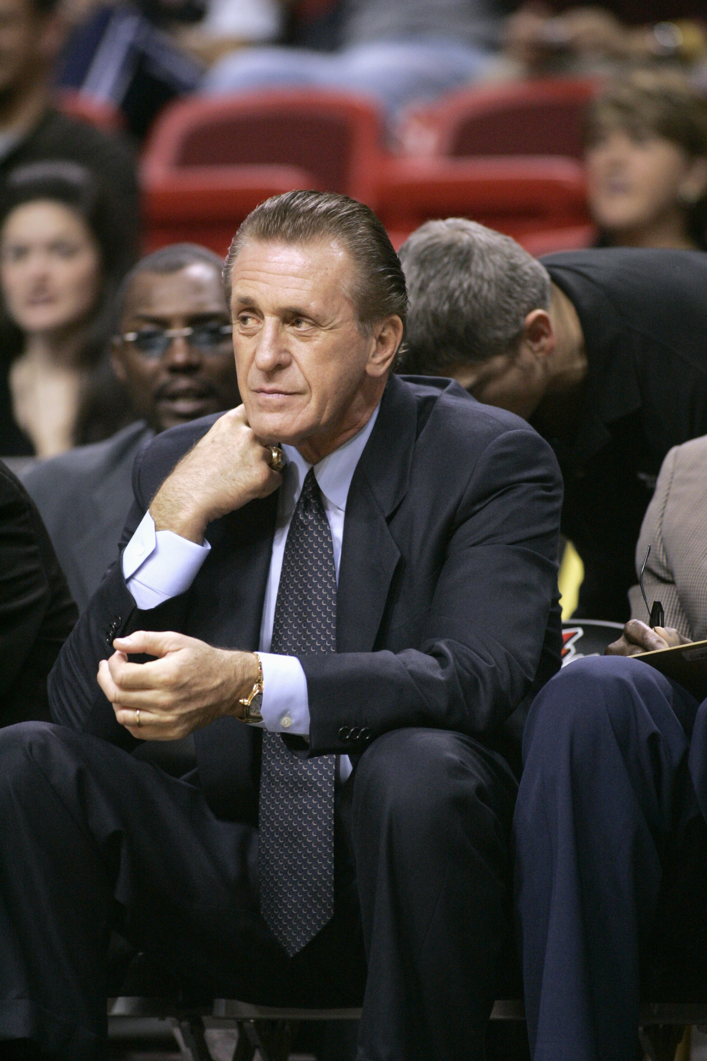 MIAMI - DECEMBER 23:  Head coach Pat Riley of the Miami Heat looks on against the New Jersey Nets during the game at American Airlines Arena on December 23, 2005 in Miami, Florida.  The Nets won 95-88.  NOTE TO USER: User expressly acknowledges and agrees