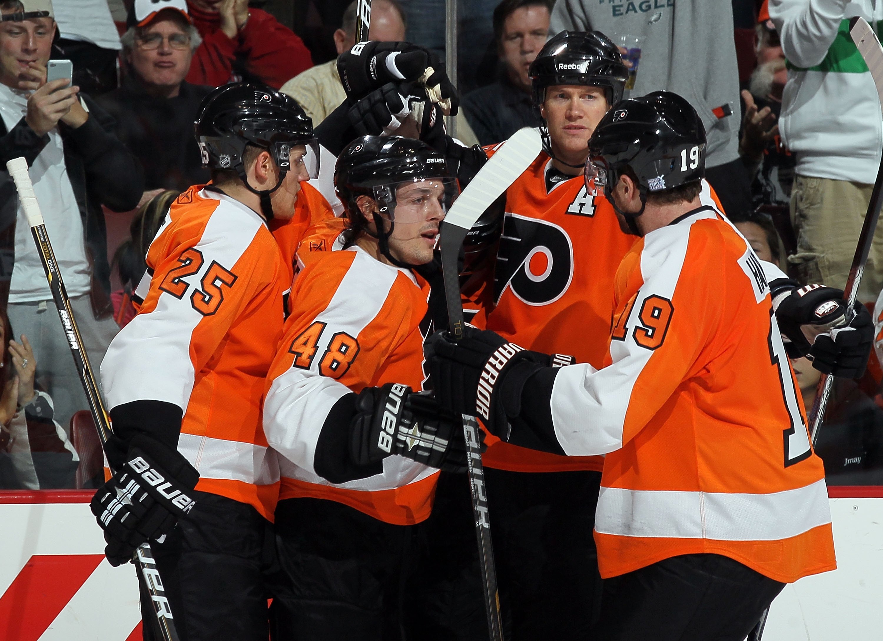 PHILADELPHIA - OCTOBER 26:  Chris Pronger #20 and Daniel Briere #48 of the Philadelphia Flyers celebrate against the Buffalo Sabres on October 26, 2010 at Wells Fargo Center in Philadelphia, Pennsylvania. The Flyers defeated the Sabres 6-3.  (Photo by Jim