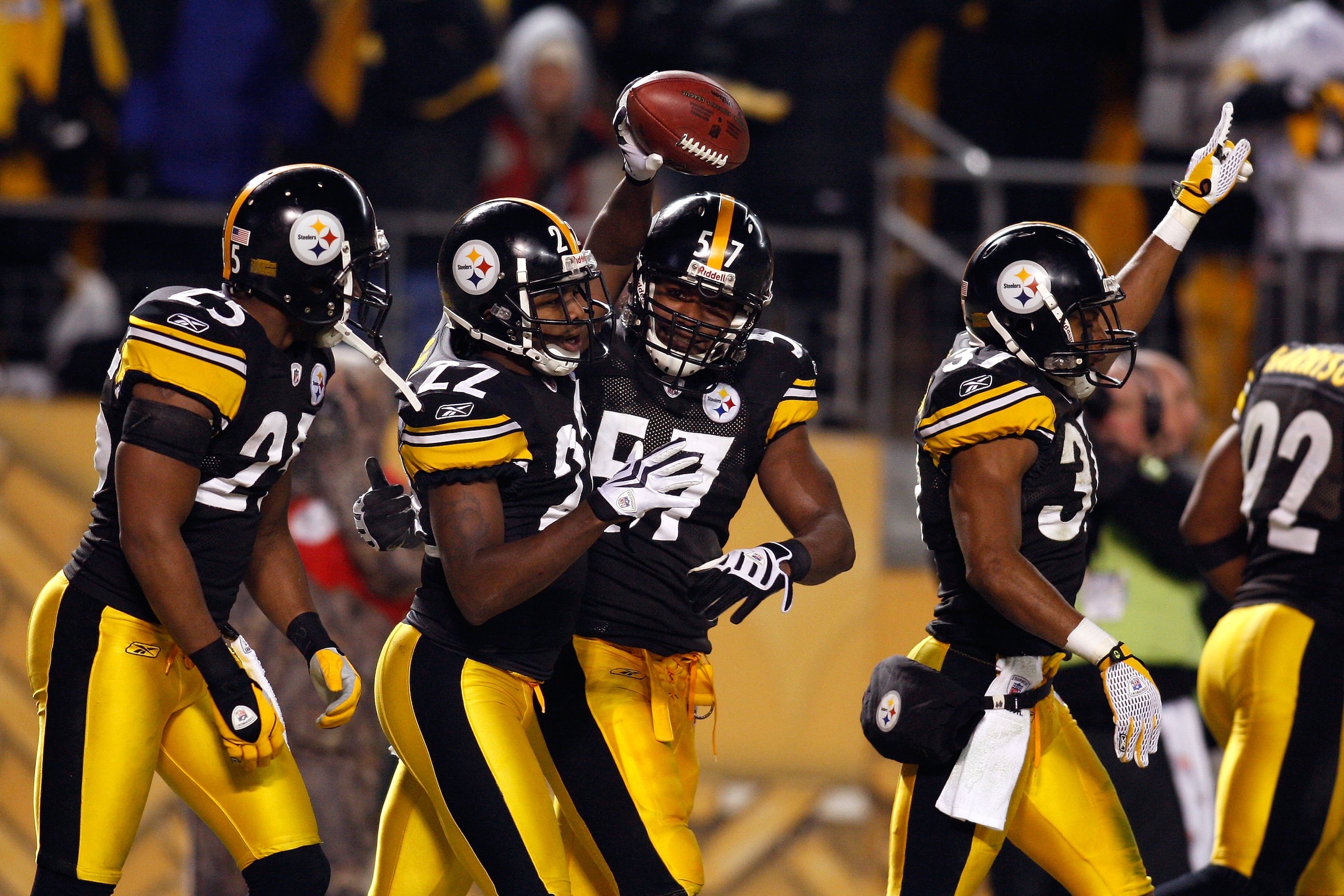 PITTSBURGH - JANUARY 11:  (L-R) Ryan Clark #25, William Gay #22, Keyaron Fox #57 and Anthony Madison #37 of the Pittsburgh Steelers celebrate a defensive play against the San Diego Chargers during their AFC Divisional Playoff Game on January 11, 2009 at H