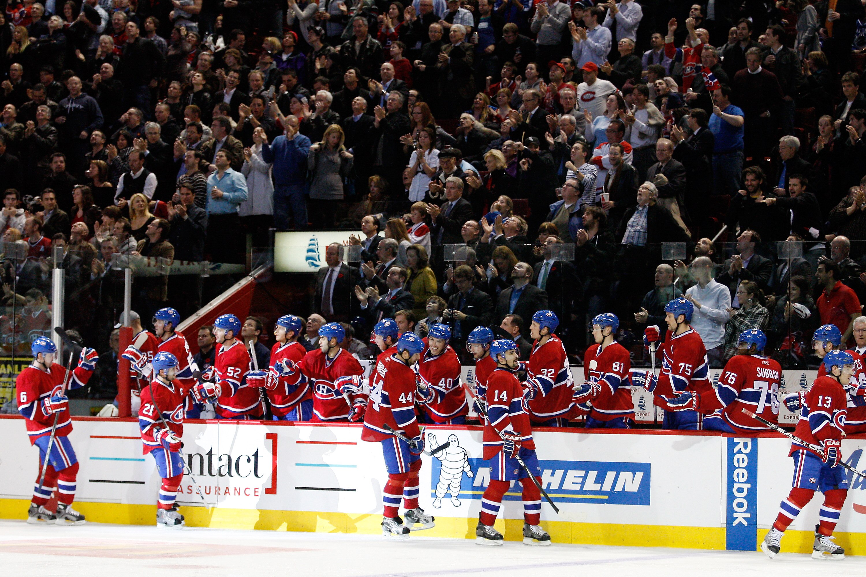 MONTREAL- NOVEMBER 9:  Roman Hamrlik #44 of the Montreal Canadiens celebrates his third period goal with team mates during the NHL game against the Vancouver Canucks at the Bell Centre on November 9, 2010 in Montreal, Quebec, Canada.  The Canadiens defeat