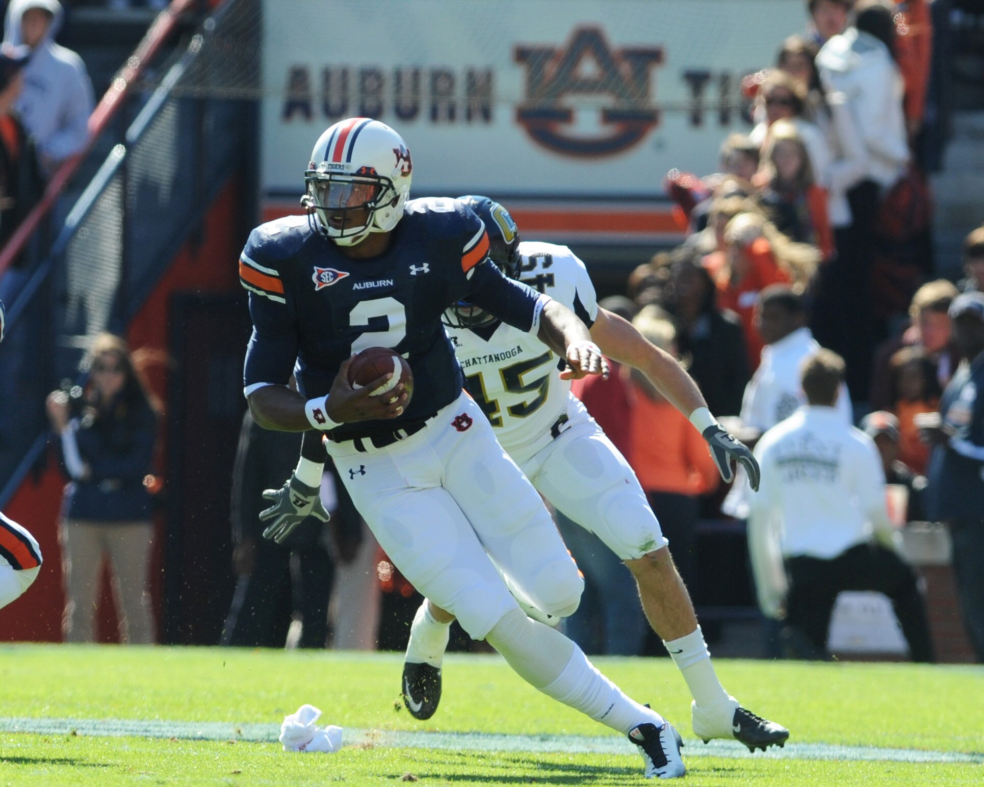 AUBURN, AL - NOVEMBER 06:  Quarterback Cam Newton #2 of the Auburn Tigers plays against the Chattanooga Mocs November 6, 2010 at Jordan-Hare Stadium in Auburn, Alabama.  (Photo by Al Messerschmidt/Getty Images)