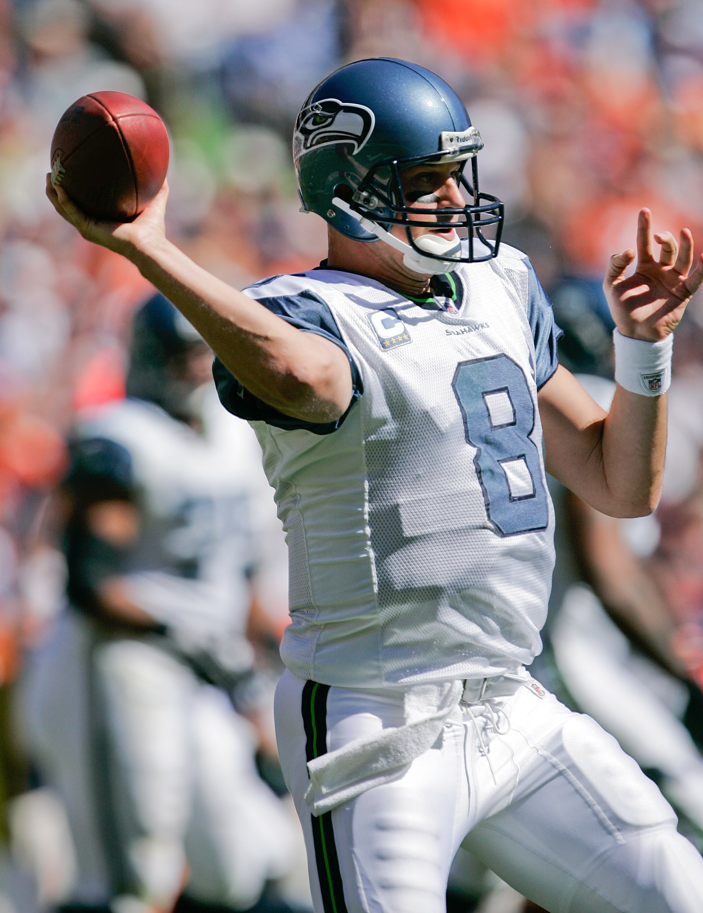 DENVER - SEPTEMBER 19:  Quarterback Matt Hasselbeck #8 of the Seattle Seahawks makes a pass against the Denver Broncos in the first half of an NFL game at INVESCO Field at Mile High on September 19, 2010 in Denver, Colorado.  (Photo by Justin Edmonds/Gett