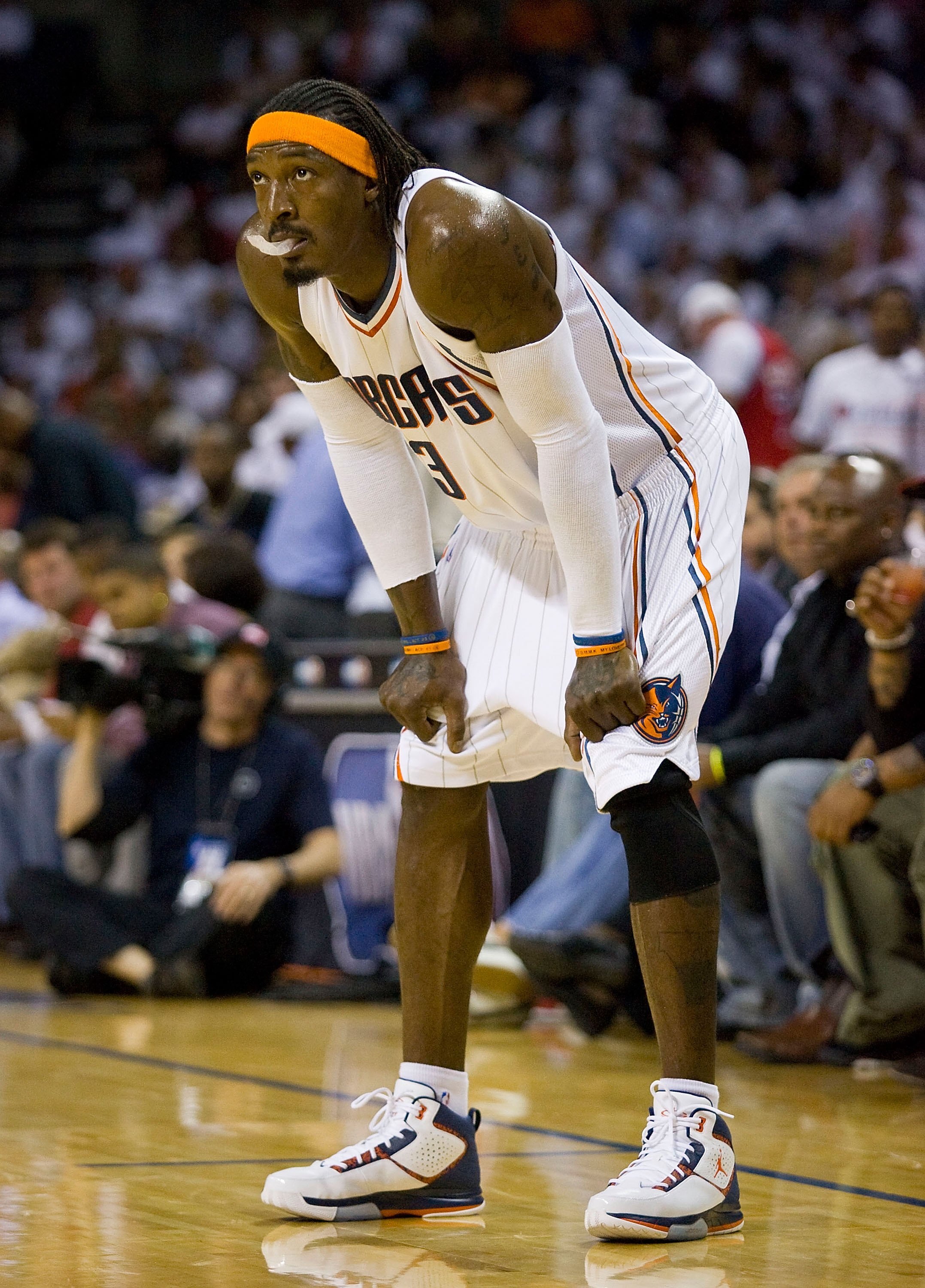 CHARLOTTE, NC - APRIL 26: Gerald Wallace #3 of the Charlotte Bobcats looks on against the Orlando Magic at Time Warner Cable Arena on April 26, 2010 in Charlotte, North Carolina.  The Magic defeated the Bobcats 99-90 to complete the four game sweep.  NOTE