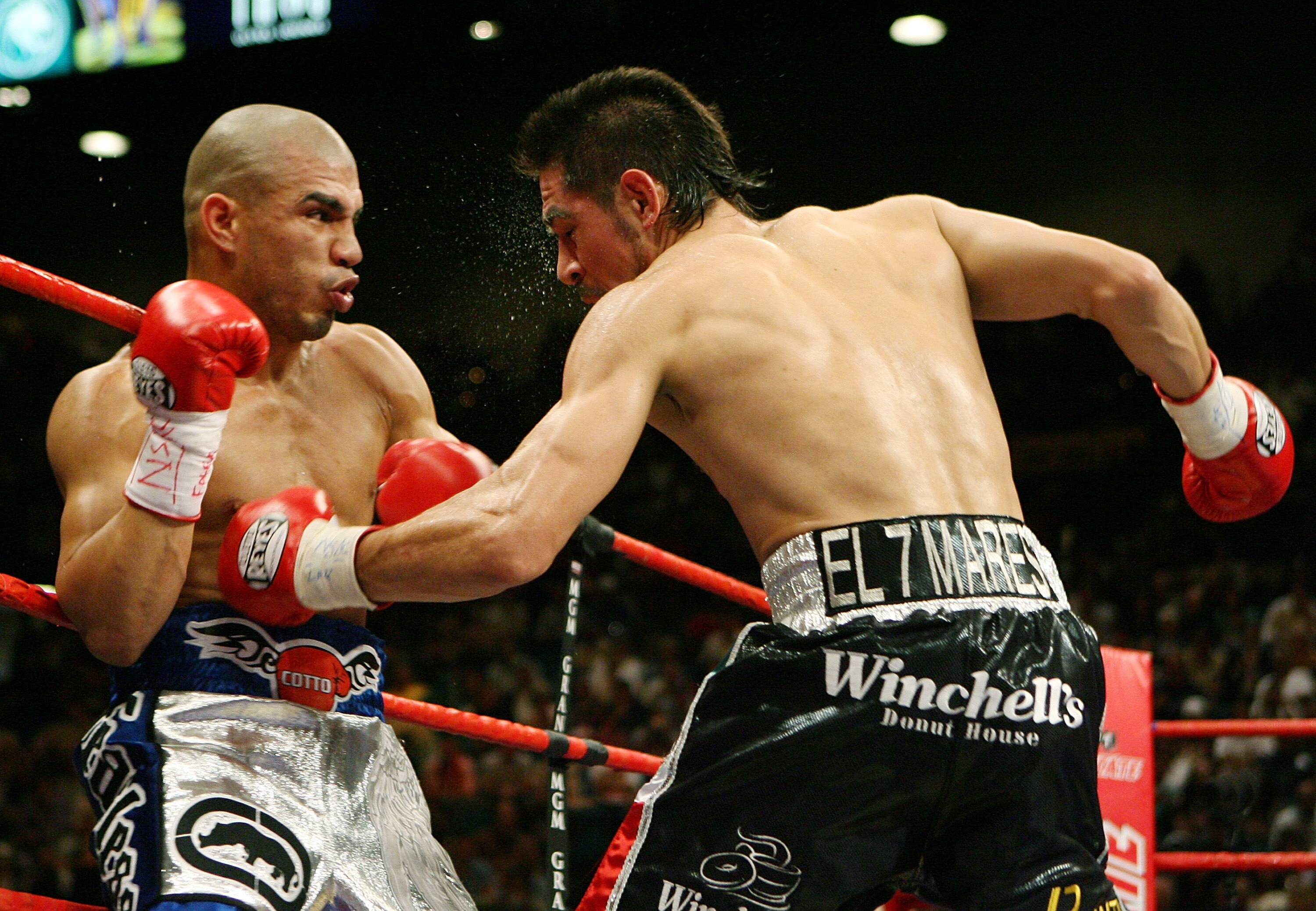 LAS VEGAS - JULY 26:  Miguel Cotto (L) and Antonio Margarito trade blows during their WBA welterweight title fight at the MGM Grand Garden Arena July 26, 2008 in Las Vegas, Nevada. Margarito won by TKO in the 11th round.  (Photo by Ethan Miller/Getty Imag