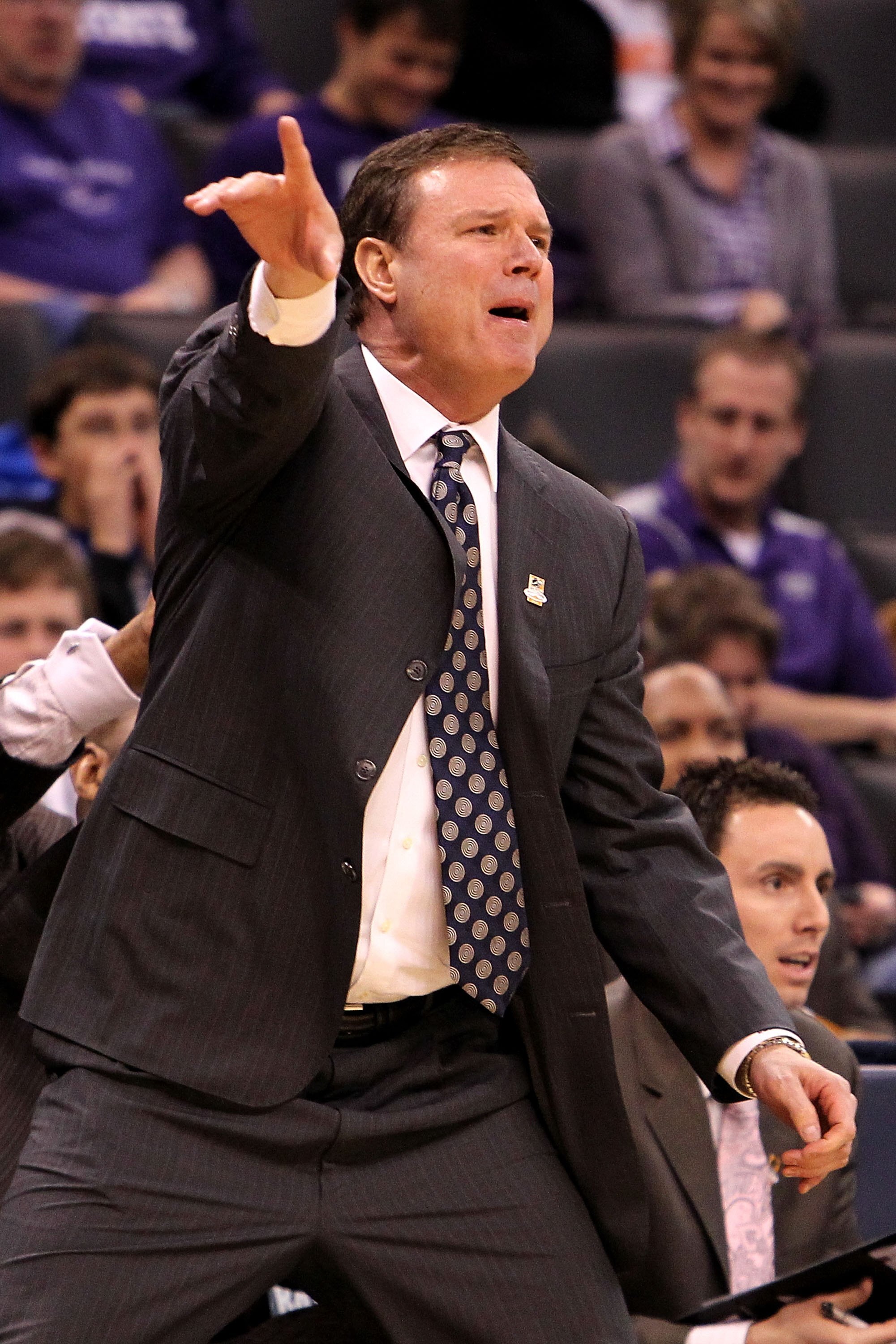 OKLAHOMA CITY - MARCH 20:  Head coach Bill Self of the Kansas Jayhawks reacts against the Northern Iowa Panthers during the second round of the 2010 NCAA men's basketball tournament at Ford Center on March 20, 2010 in Oklahoma City, Oklahoma.  (Photo by R