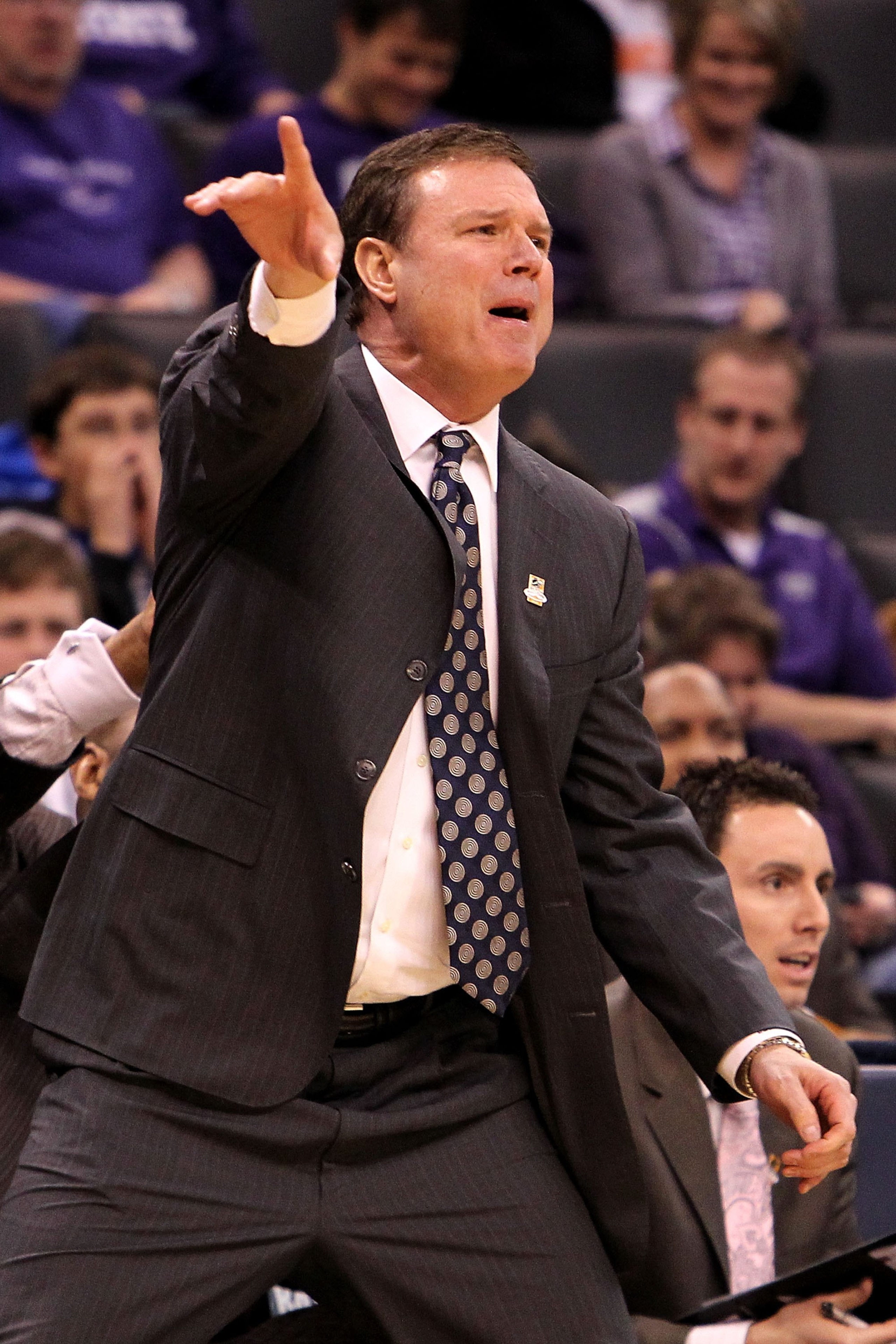 OKLAHOMA CITY - MARCH 20:  Head coach Bill Self of the Kansas Jayhawks reacts against the Northern Iowa Panthers during the second round of the 2010 NCAA men's basketball tournament at Ford Center on March 20, 2010 in Oklahoma City, Oklahoma.  (Photo by R