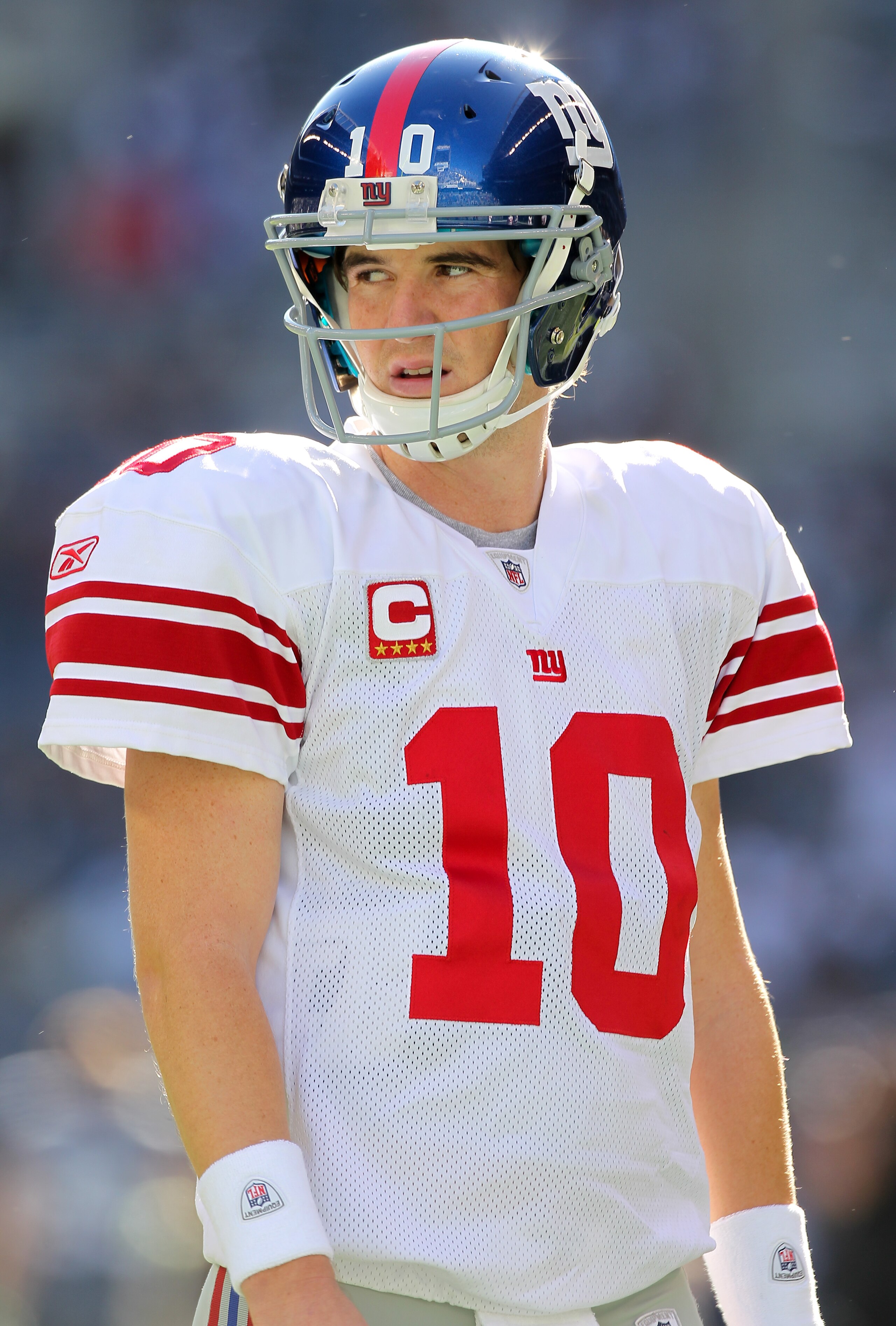 SEATTLE - NOVEMBER 07:  Quarterback Eli Manning #10 of the New York Giants looks on during warmups prior to the game against the Seattle Seahawks at Qwest Field on November 7, 2010 in Seattle, Washington. The Giants defeated the Seahawks 41-7. (Photo by O