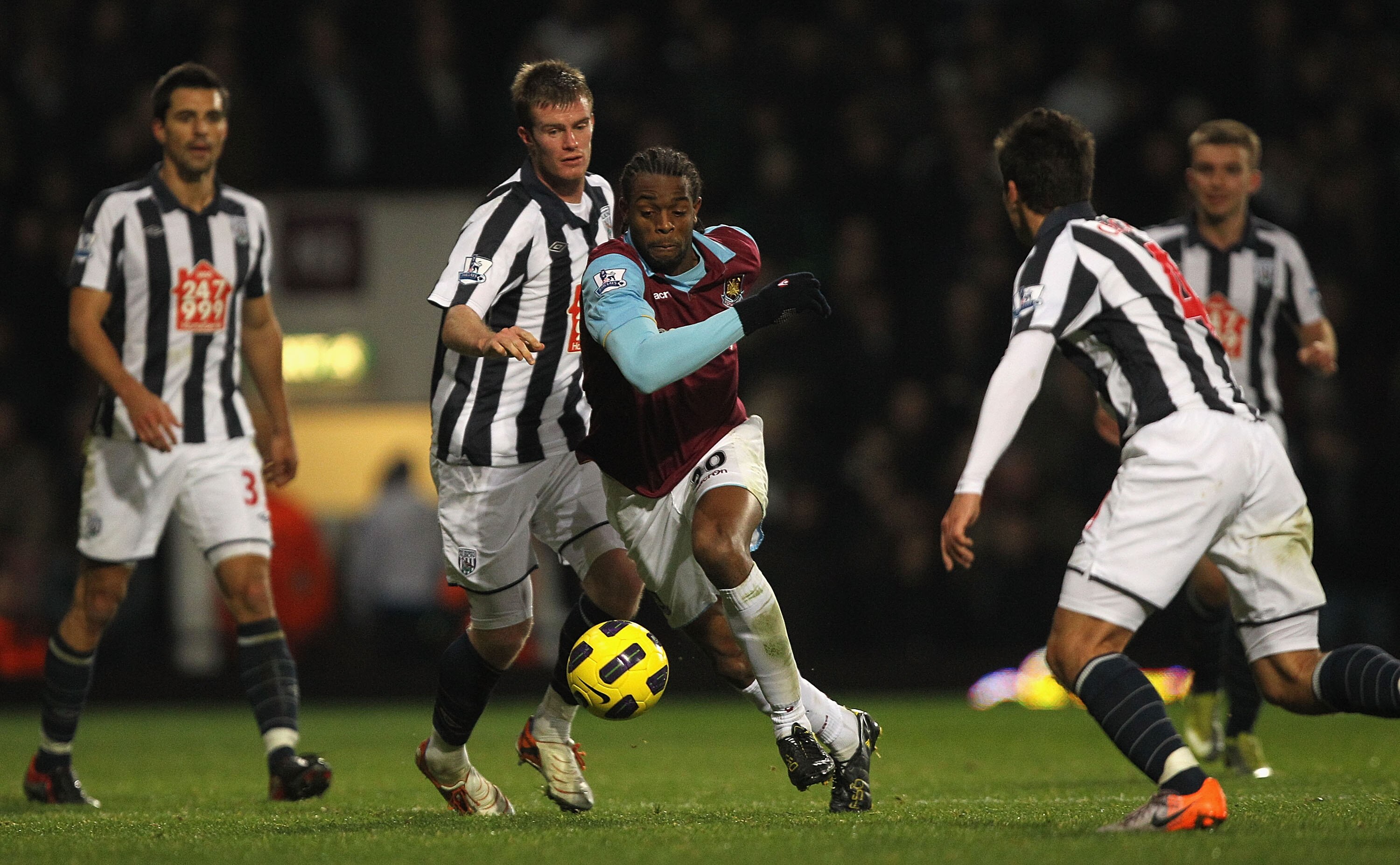 LONDON, ENGLAND - NOVEMBER 10:  Frederic Piquionne of West Bromwich takes on the West Bromwich defence during the Barclays Premier League match between West Ham United and West Bromwich Albion at Boleyn Ground on November 10, 2010 in London, England.  (Ph