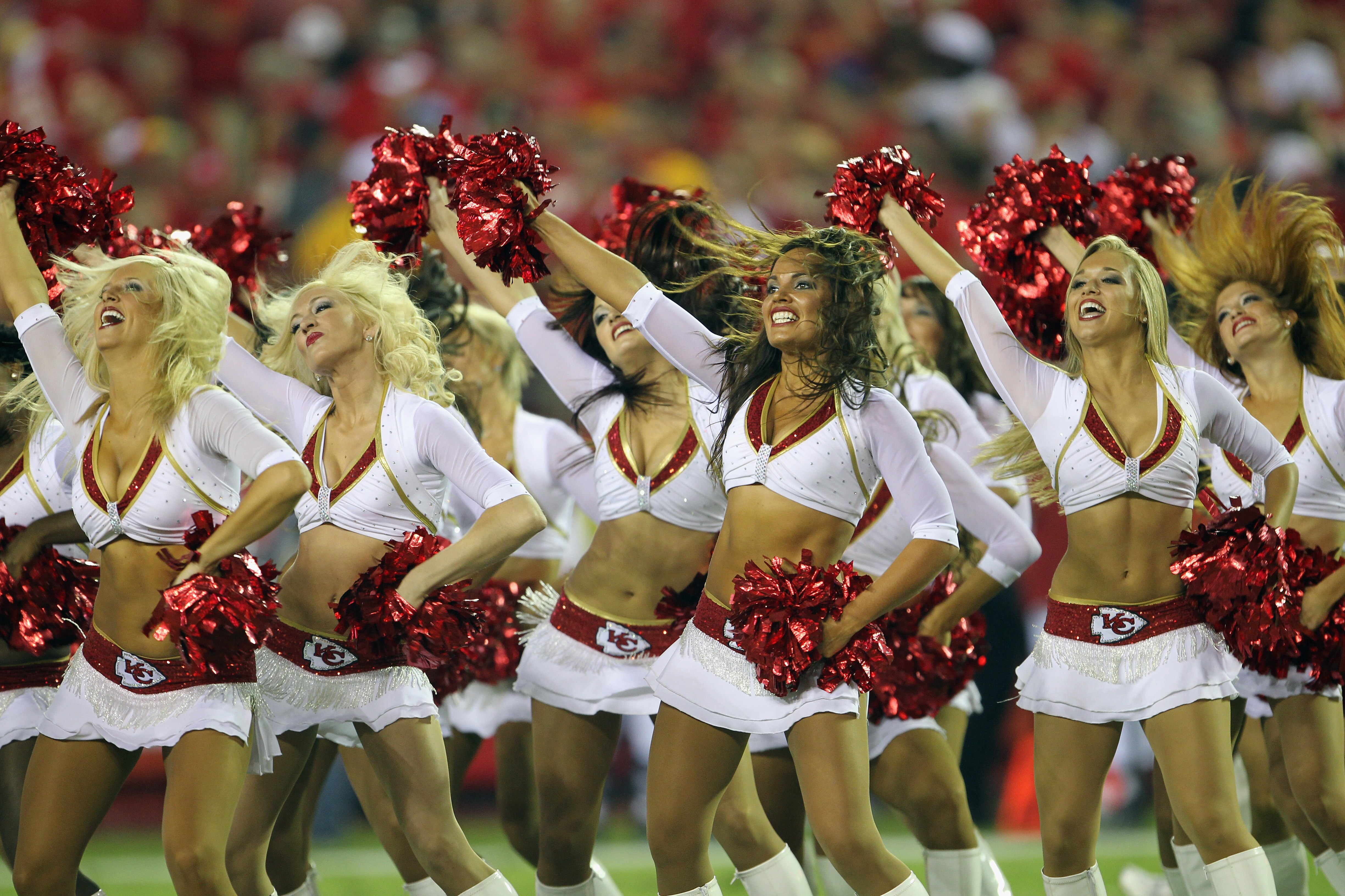 KANSAS CITY, MO - SEPTEMBER 13:  Kansas City Chiefs cheerleaders perform during the game against the San Diego Chargers on September 13, 2010 at Arrowhead Stadium in Kansas City, Missouri.  (Photo by Jamie Squire/Getty Images)