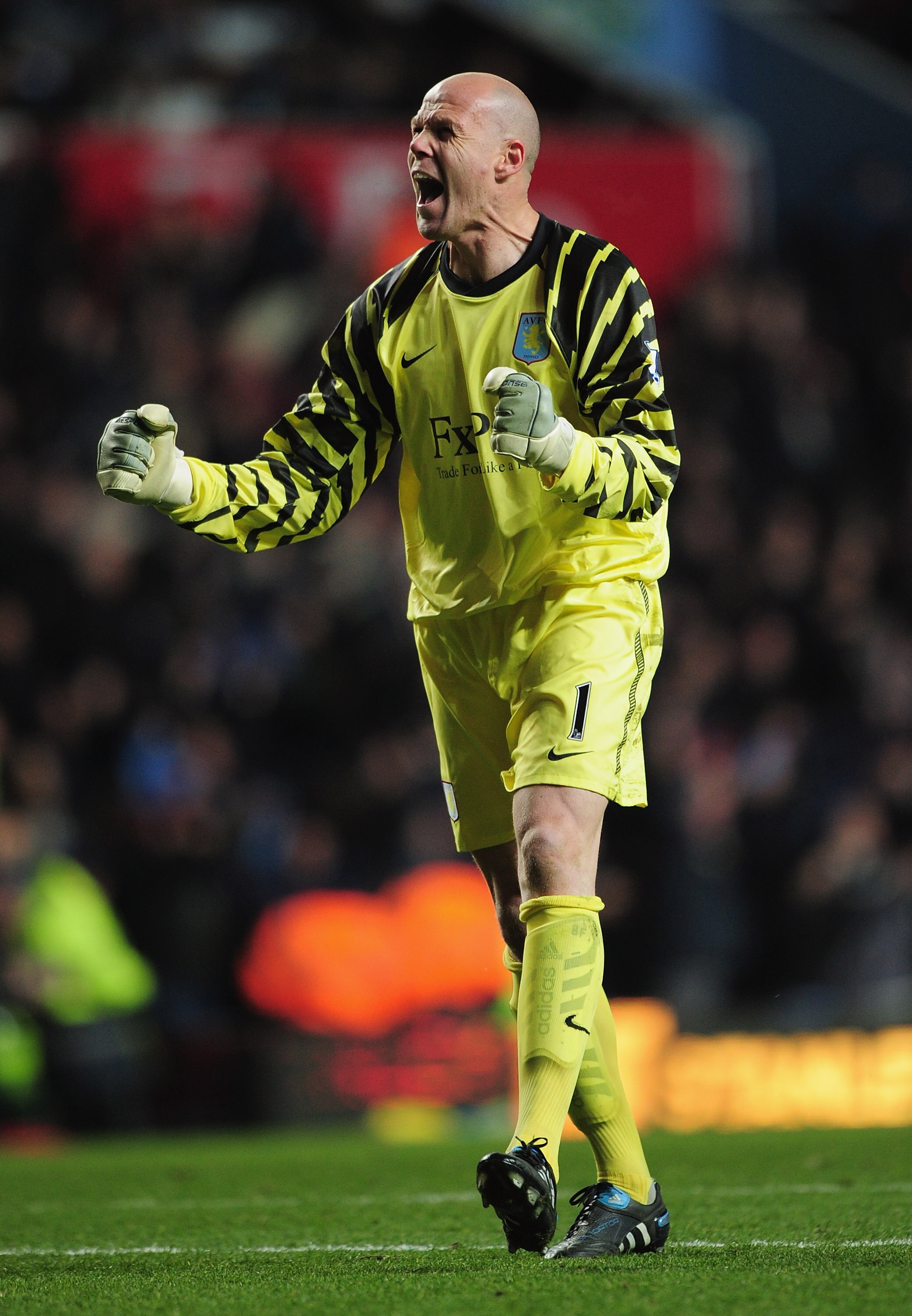 BIRMINGHAM, ENGLAND - NOVEMBER 10:  Brad Friedel the Aston Villa goalkeeper celebrates the winning goal during the Barclays Premier League match between Aston Villa and Blackpool at Villa Park on November 10, 2010 in Birmingham, England.  (Photo by Shaun 