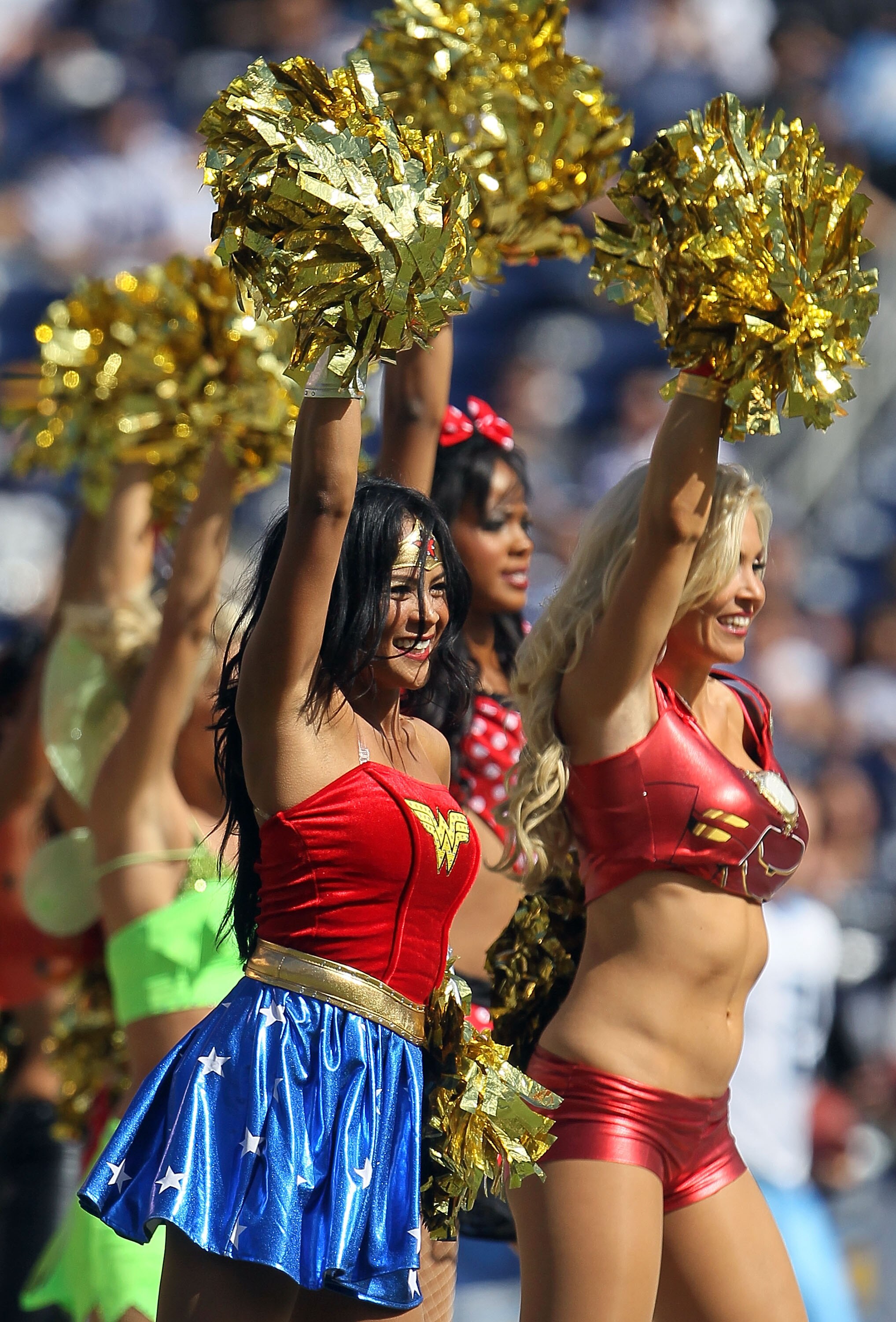 SAN DIEGO - OCTOBER 31:  San Diego Chargers cheerleaders perform during the game against the Tennessee Titans at Qualcomm Stadium on October 31, 2010 in San Diego, California.  (Photo by Jeff Gross/Getty Images)