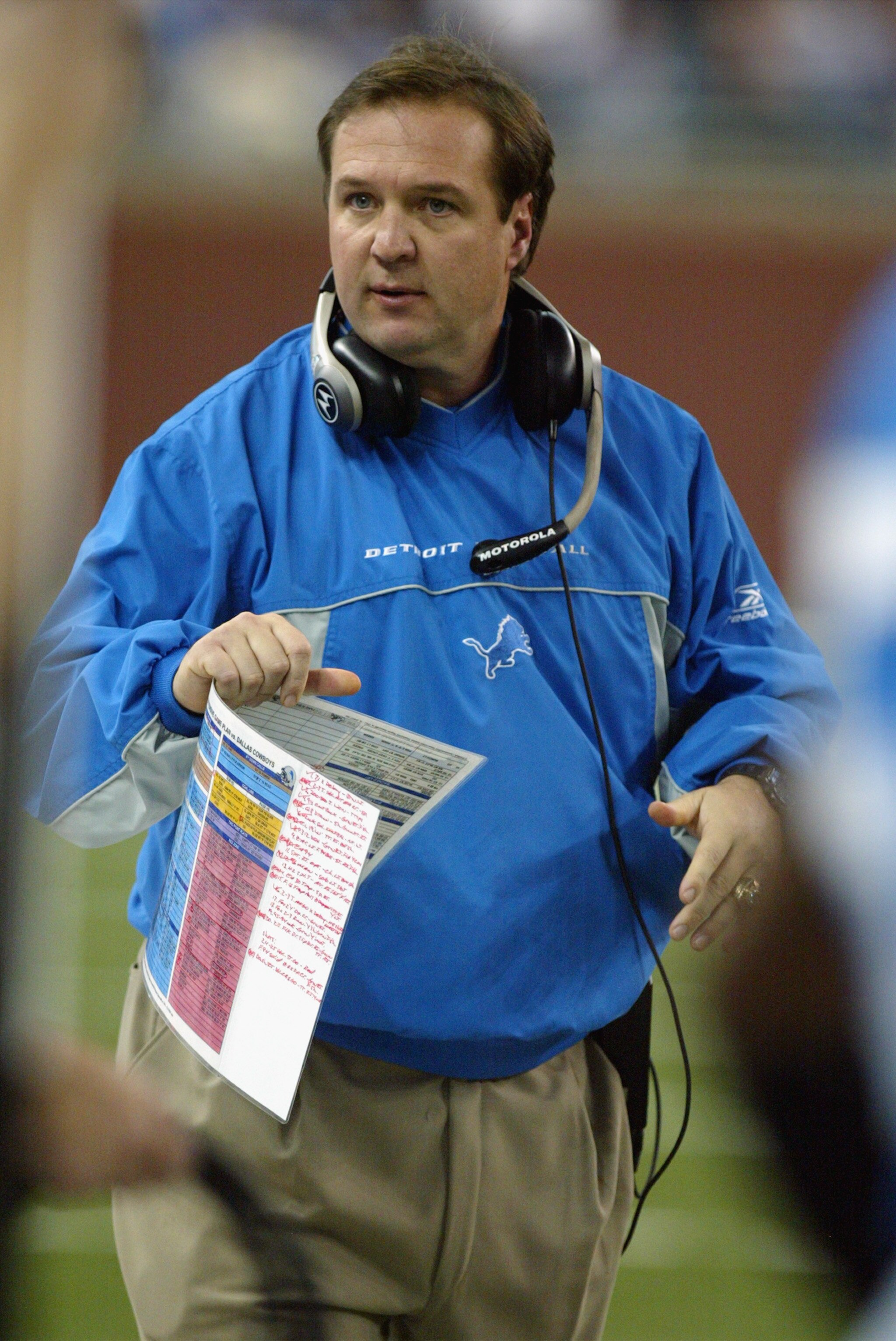 DETROIT - NOVEMBER 3:  Head coach Marty Mornhinweg of the Detroit Lions walks on the sideline against the Dallas Cowboys at Ford Field on November 3, 2002 in Detroit, Michigan. The Lions won 9-7.  (Photo by Danny Moloshok/Getty Images)