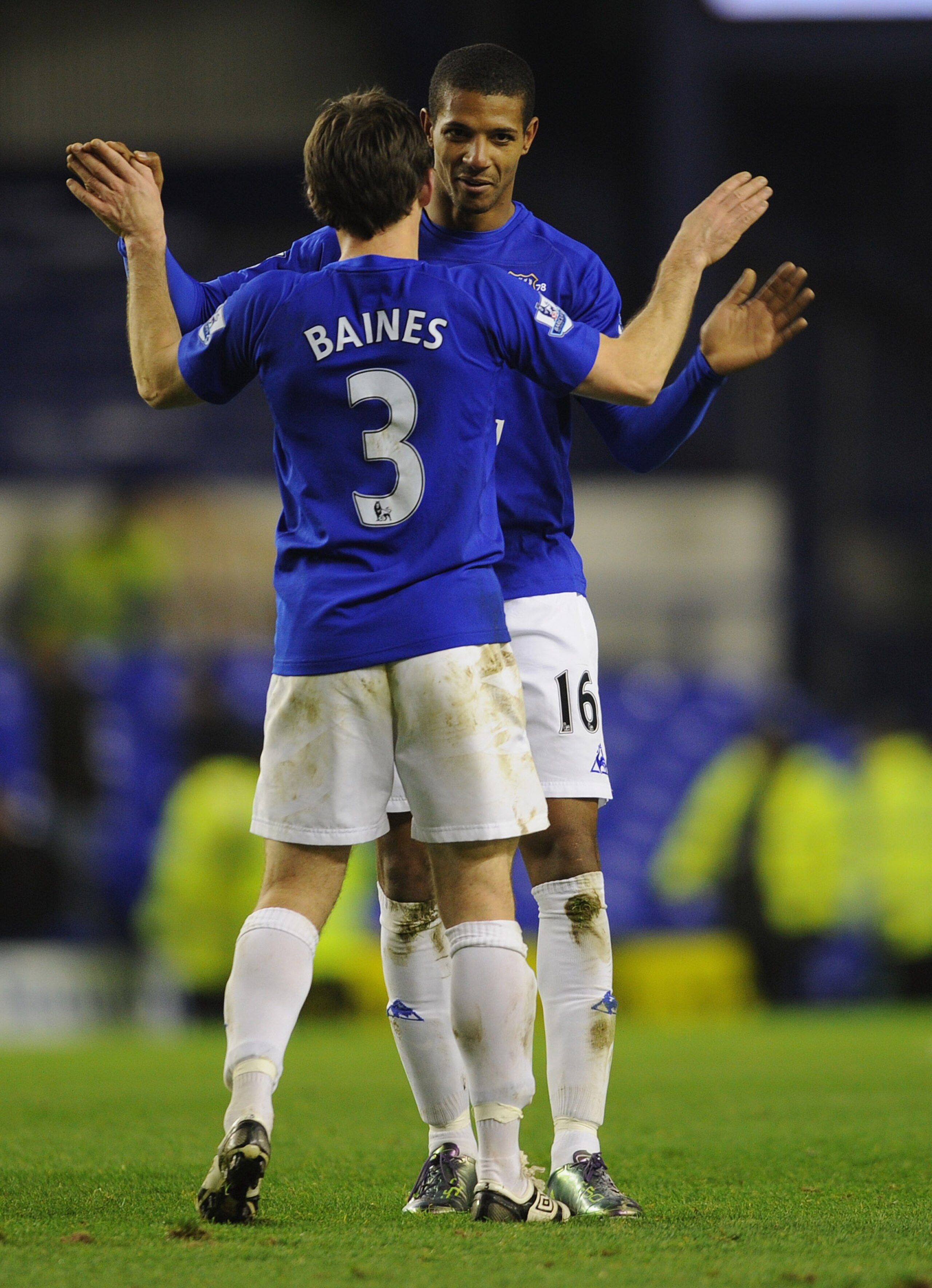 LIVERPOOL, ENGLAND - NOVEMBER 10: Jermaine Beckford of Everton is congratulated by Leighton Baines after the Barclays Premier League match between Everton and Bolton Wanderers at Goodison Park on November 10, 2010 in Liverpool, England.  (Photo by Michael