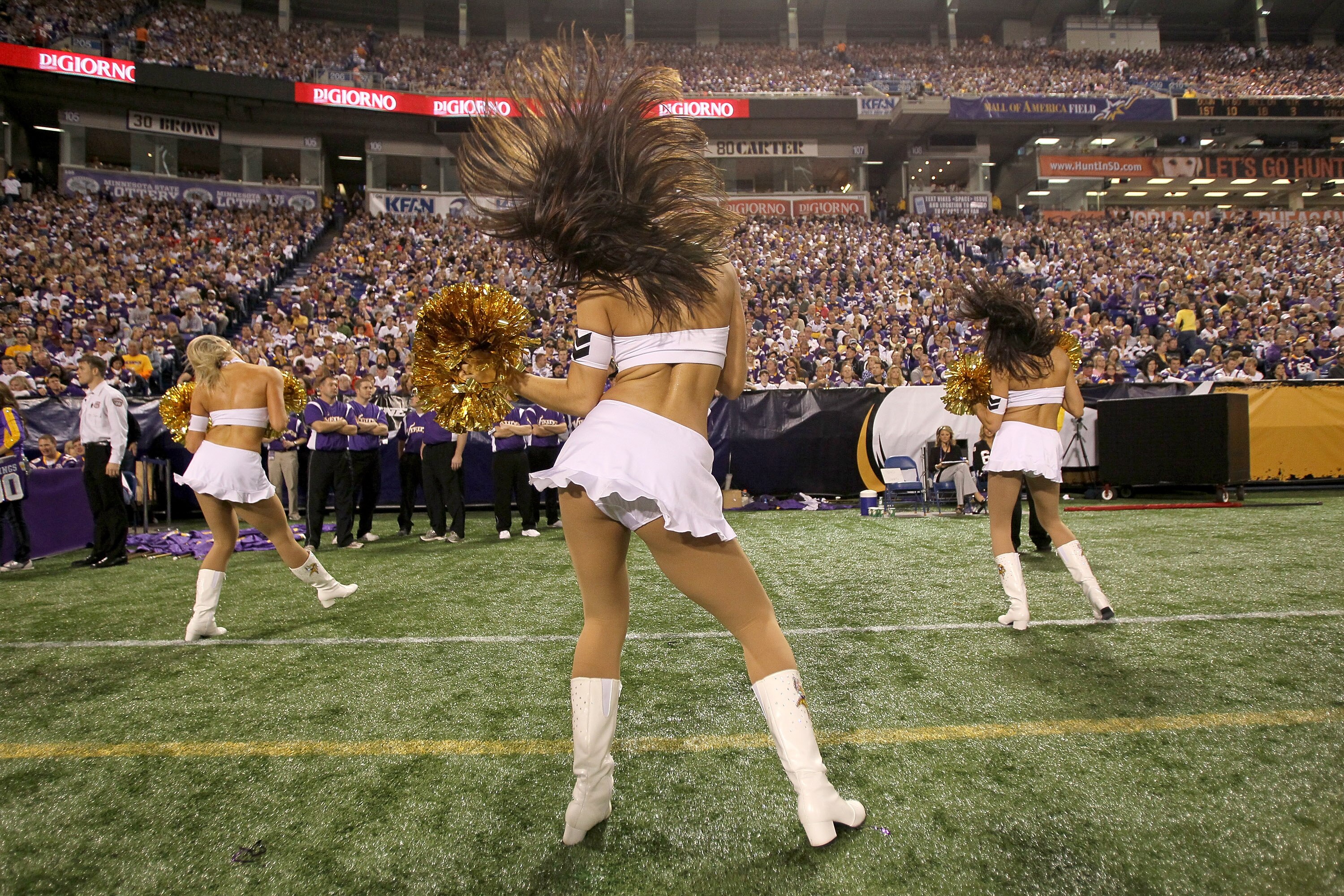 MINNEAPOLIS - NOVEMBER 07:  Vikings cheerleaders perform in the game between the Arizona Cardinals and the Minnesota Vikings at Hubert H. Humphrey Metrodome on November 7, 2010 in Minneapolis, Minnesota. The Vikings won 27-24 in overtime.  (Photo by Steph