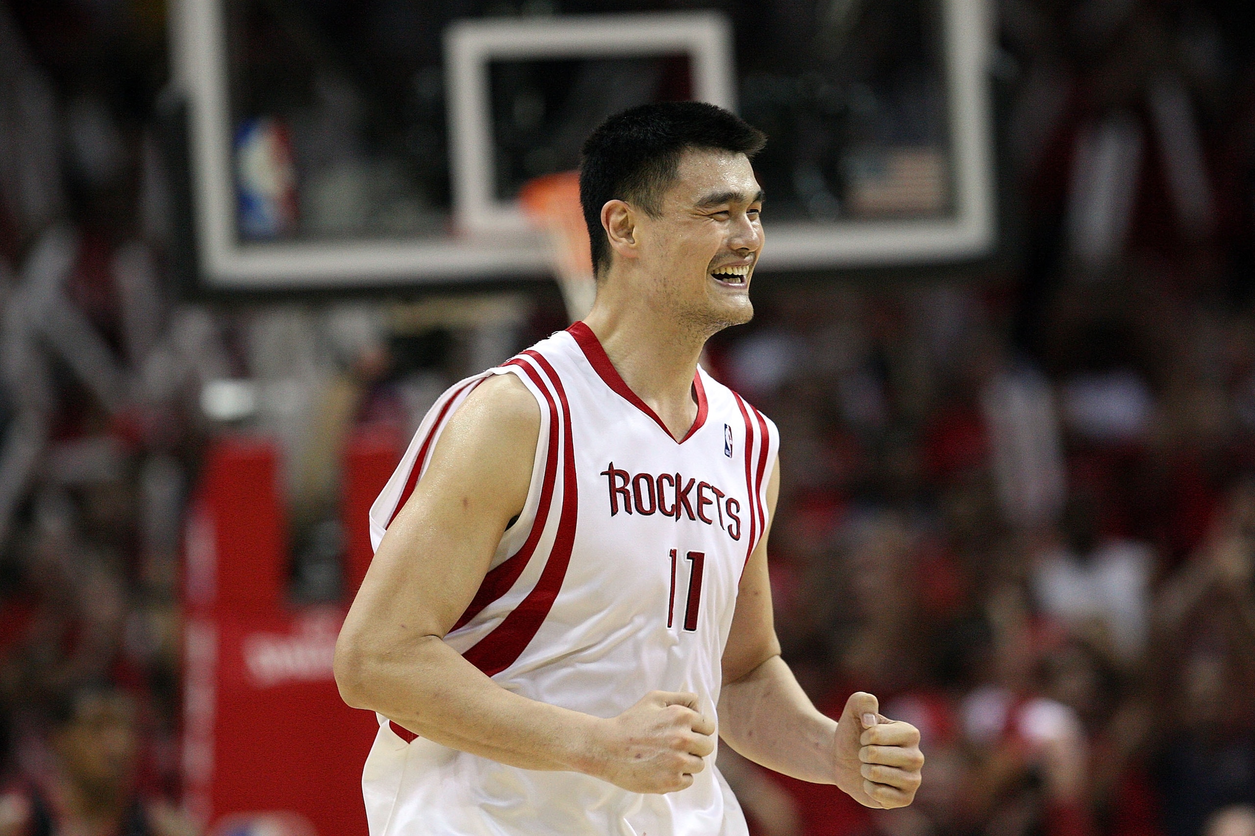 HOUSTON - APRIL 30:  Center Yao Ming #11 of the Houston Rockets reacts during play against the Portland Trail Blazers in Game Six of the Western Conference Quarterfinals during the 2009 NBA Playoffs at Toyota Center on April 30, 2009 in Houston, Texas. NO