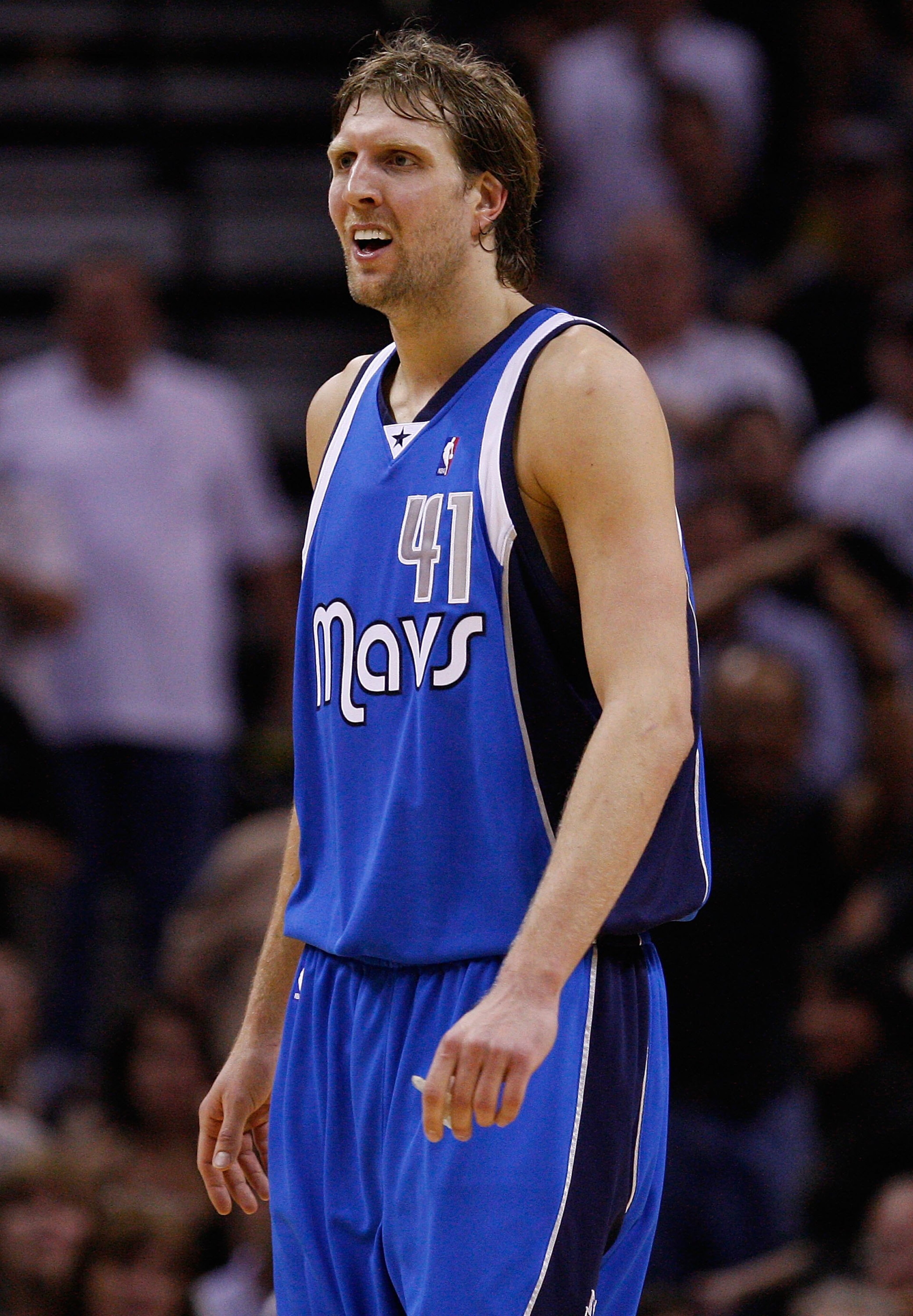 SAN ANTONIO - APRIL 23: Dirk Nowitzki #41 of the Dallas Mavericks in Game Three of the Western Conference Quarterfinals during the 2010 NBA Playoffs at AT&T Center on April 23, 2010 in San Antonio, Texas. NOTE TO USER: User expressly acknowledges and agr SAN ANTONIO - APRIL 23: Dirk Nowitzki #41 of the Dallas Mavericks in Game Three of the Western Conference Quarterfinals during the 2010 NBA Playoffs at AT&T Center on April 23, 2010 in San Antonio, Texas. NOTE TO USER: User expressly acknowledges and agr