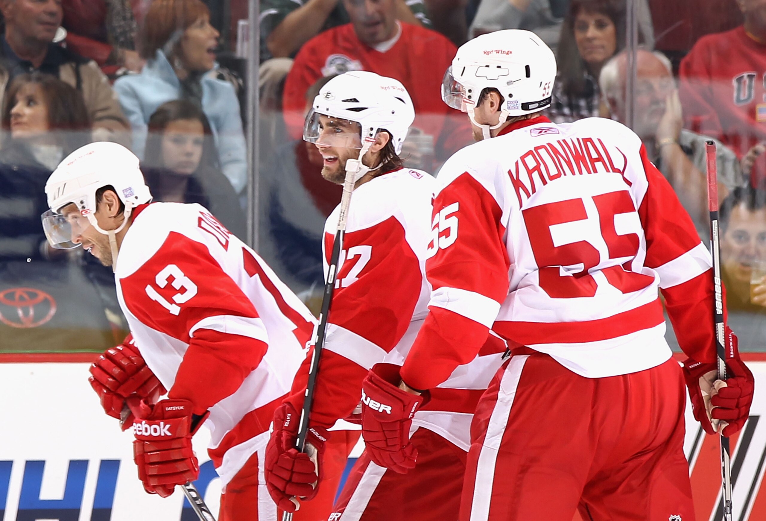 GLENDALE, AZ - OCTOBER 16: Patrick Eaves #17 of the Detroit Red Wings celebrates with teammates Pavel Datsyuk #13 and Niklas Kronwall #55 after Eaves scored a second period goal against the Phoenix Coyotes during the NHL game at Jobing.com Arena on Octob GLENDALE, AZ - OCTOBER 16: Patrick Eaves #17 of the Detroit Red Wings celebrates with teammates Pavel Datsyuk #13 and Niklas Kronwall #55 after Eaves scored a second period goal against the Phoenix Coyotes during the NHL game at Jobing.com Arena on Octob