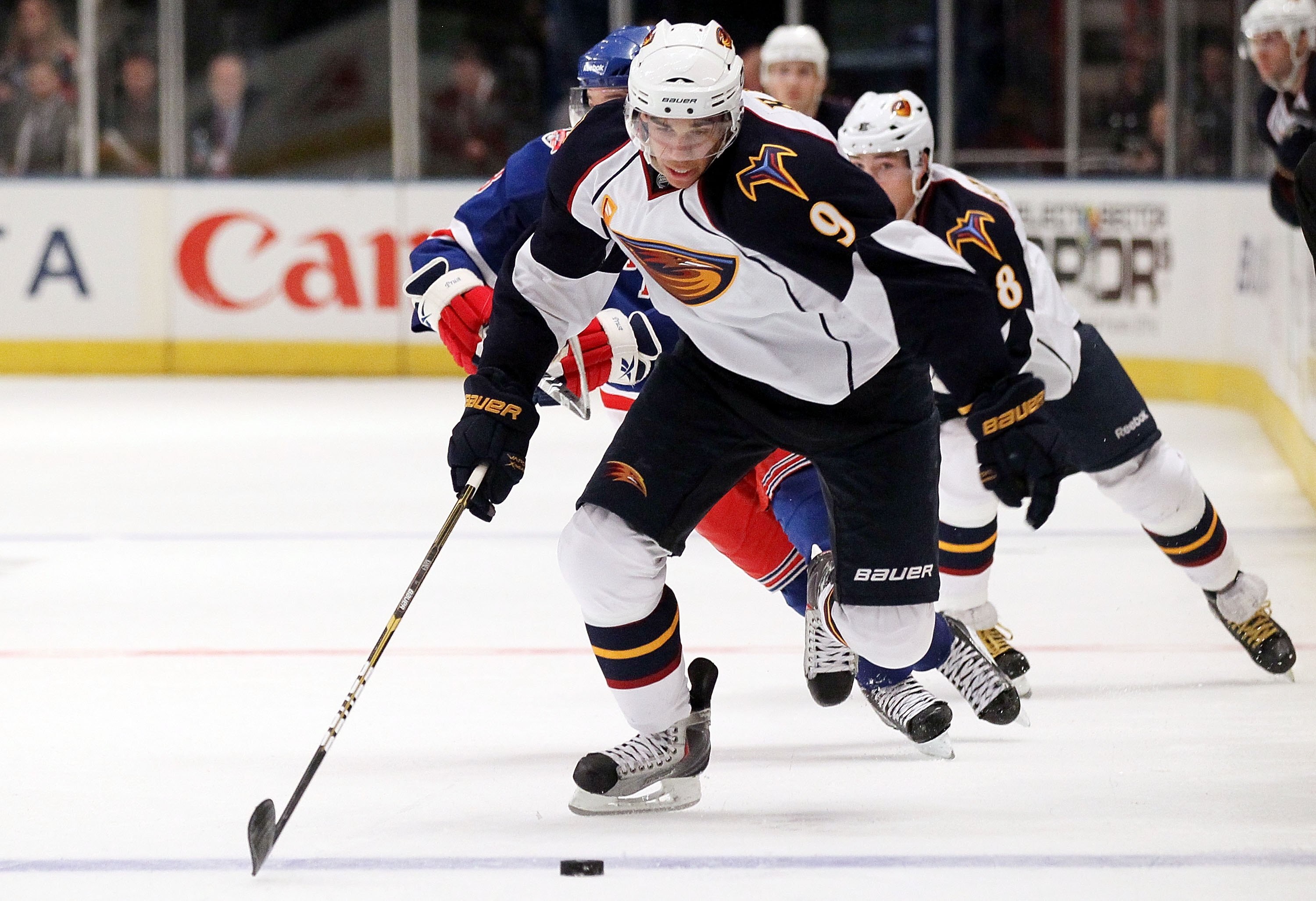 NEW YORK - OCTOBER 27:  Evander Kane #9 of the Atlanta Thrashers against the New York Rangers on October 27, 2010 at Madison Square Garden in New York City. Atlanta defeated the Rangers 6-4.  (Photo by Jim McIsaac/Getty Images)