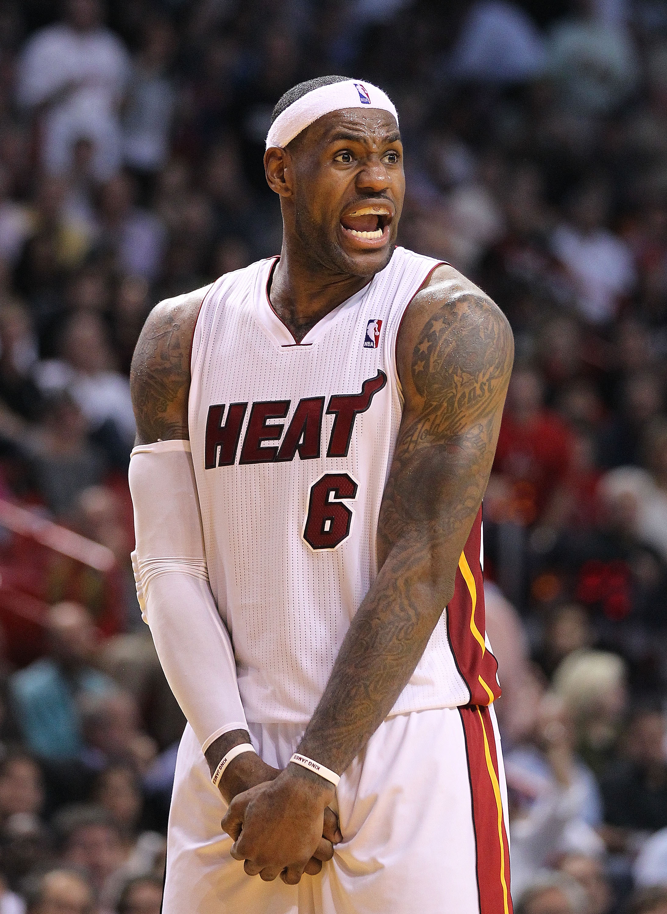 MIAMI - NOVEMBER 11:  LeBron James #6 of the Miami Heat reacts after being called for a foul during a game against the Boston Celtics at American Airlines Arena on November 11, 2010 in Miami, Florida. NOTE TO USER: User expressly acknowledges and agrees t