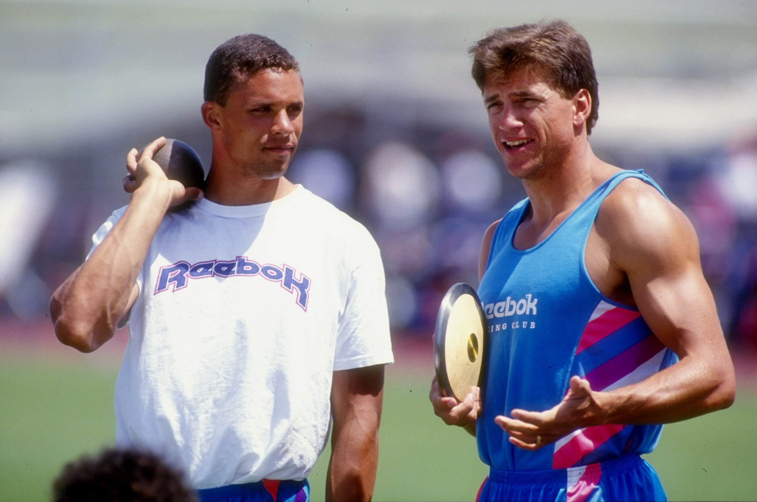 16 May 1992:  Dan O''Brien (L) and Dave Johnson (R) converse during the Modesto Relays in Modesto, California. Mandatory Credit: Tim DeFrisco  /Allsport