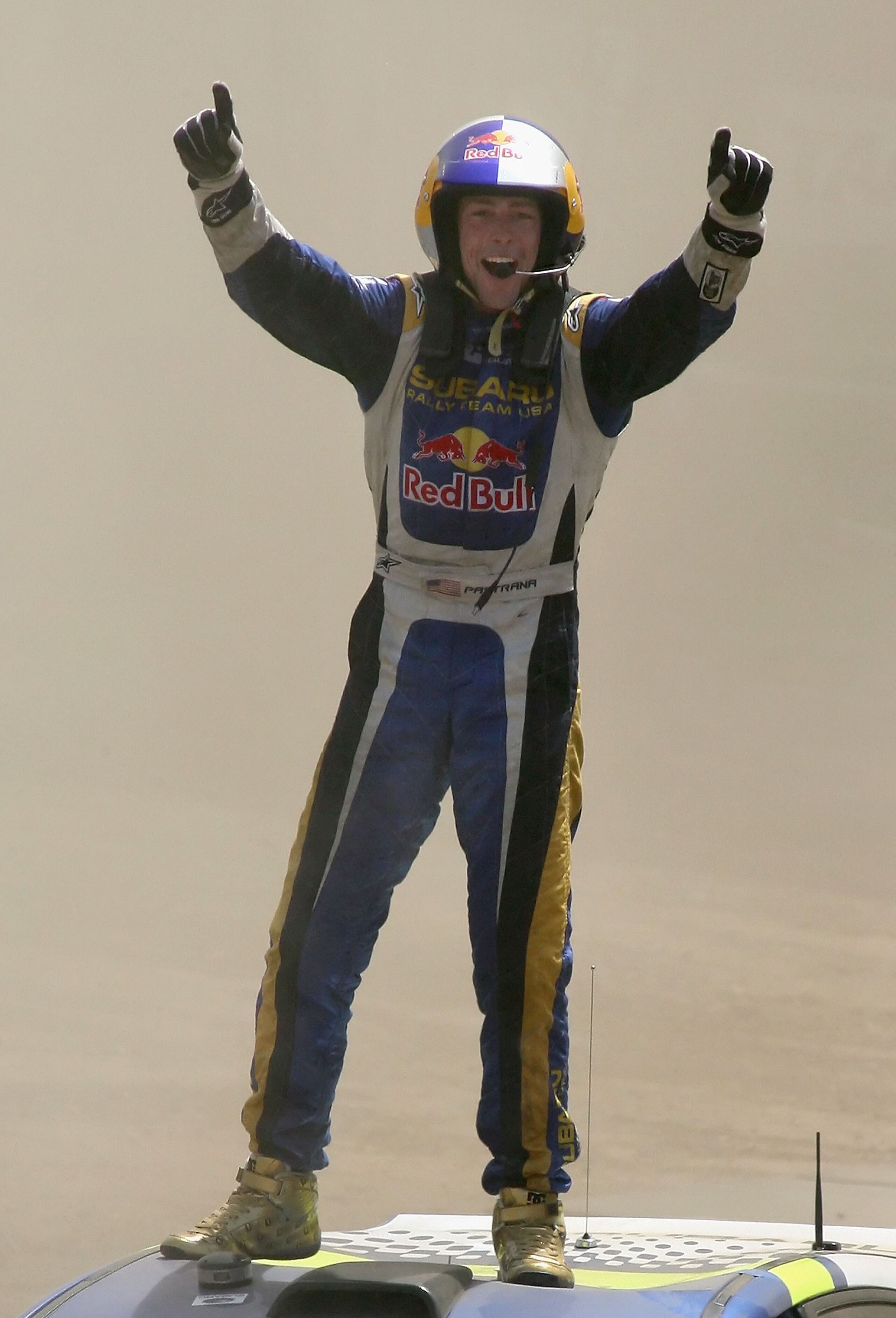 CARSON, CA - AUGUST 03:  Gold medal winner Travis Pastrana celebrates after winning the Rally Car race during the summer X Games 14 at Home Depot Center on August 3, 2008 in Carson, California.  (Photo by Christian Petersen/Getty Images)