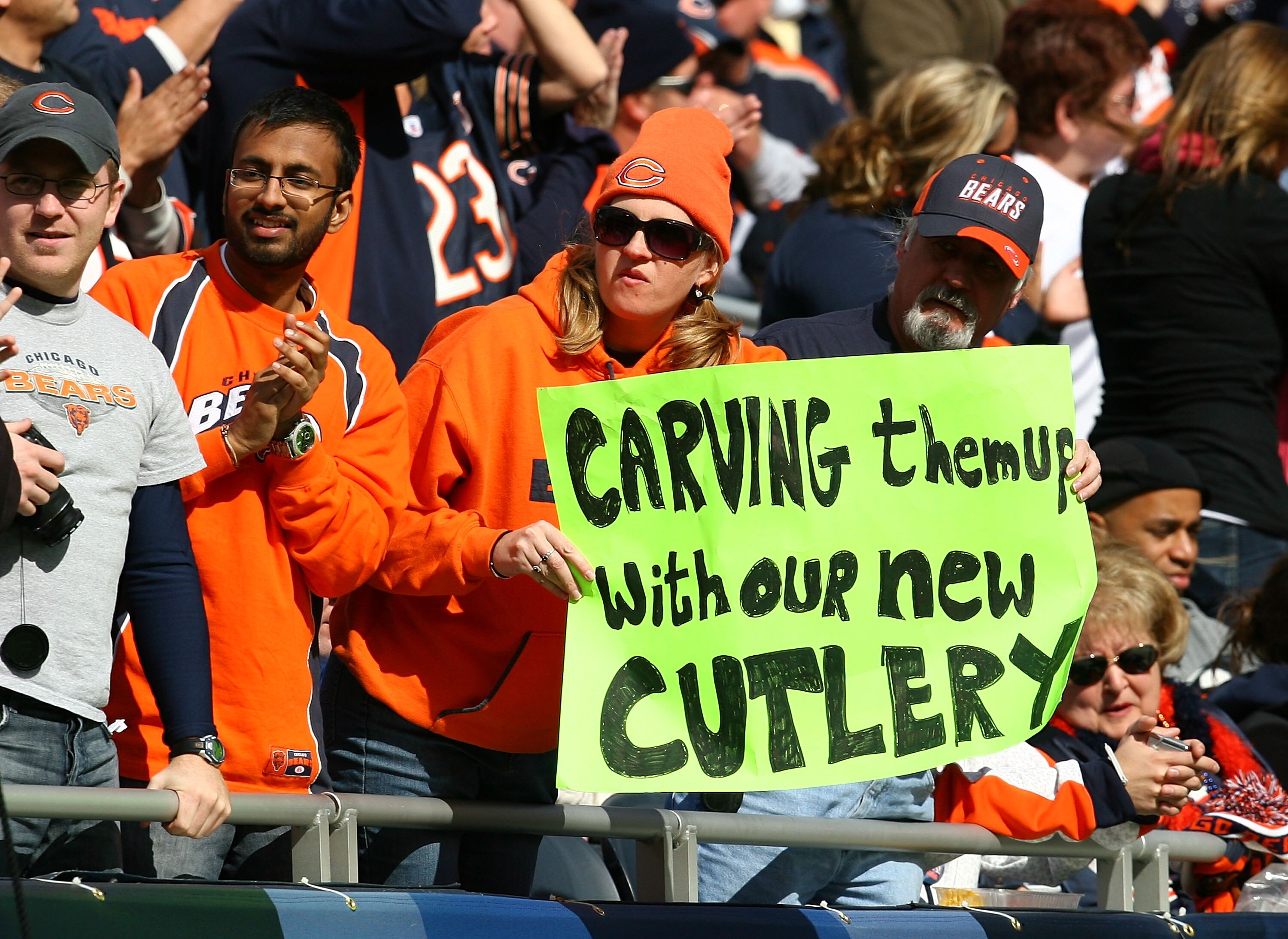CHICAGO - OCTOBER 04: Fans of the Chicago Bears hold a sign referring to quaterback Jay Cutler #6 during a game against the Detroit Lions on October 4, 2009 at Soldier Field in Chicago, Illinois. The Bears defeated the Lions 48-24. (Photo by Jonathan Dani