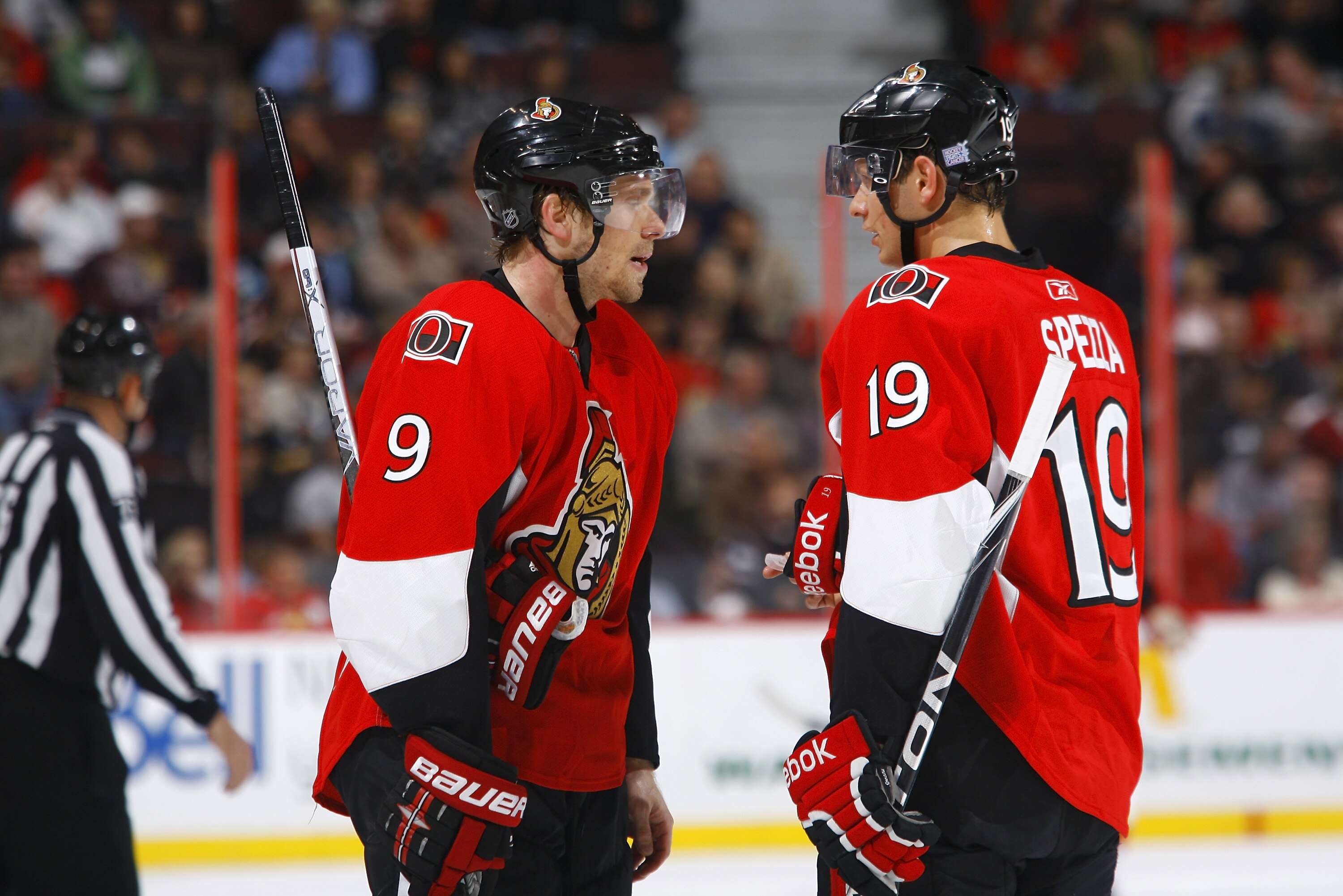 OTTAWA, ON - OCTOBER 14:  Milan Michalek #9 and Jason Spezza #19 of the Ottawa Senators discuss strategy during a game against the Carolina Hurricanes at Scotiabank Place on October 14, 2010 in Ottawa, Ontario, Canada.  The Ottawa Senators defeated the Ca