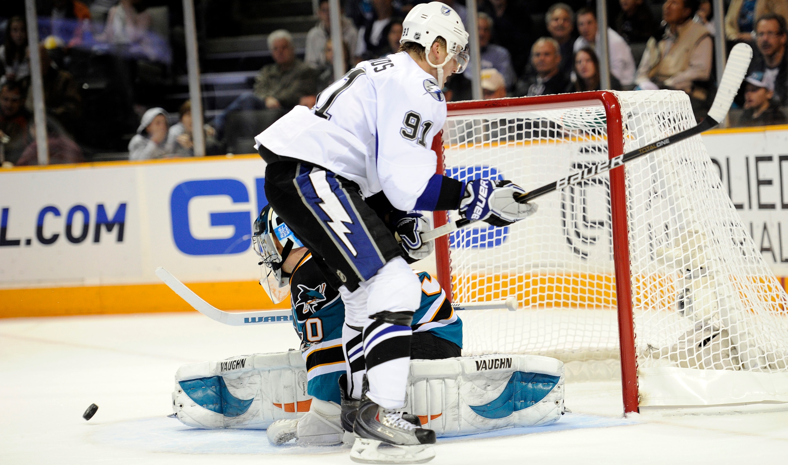SAN JOSE, CA - NOVEMBER 6:  Steven Stamkos #91of the Tampa Bay Lightning has his shot blocked by goalie Antero Niittymaki #30 of the San Jose Sharks during an NHL hockey game at the HP Pavilion on November 6, 2010 in San Jose, California. The Sharks won t