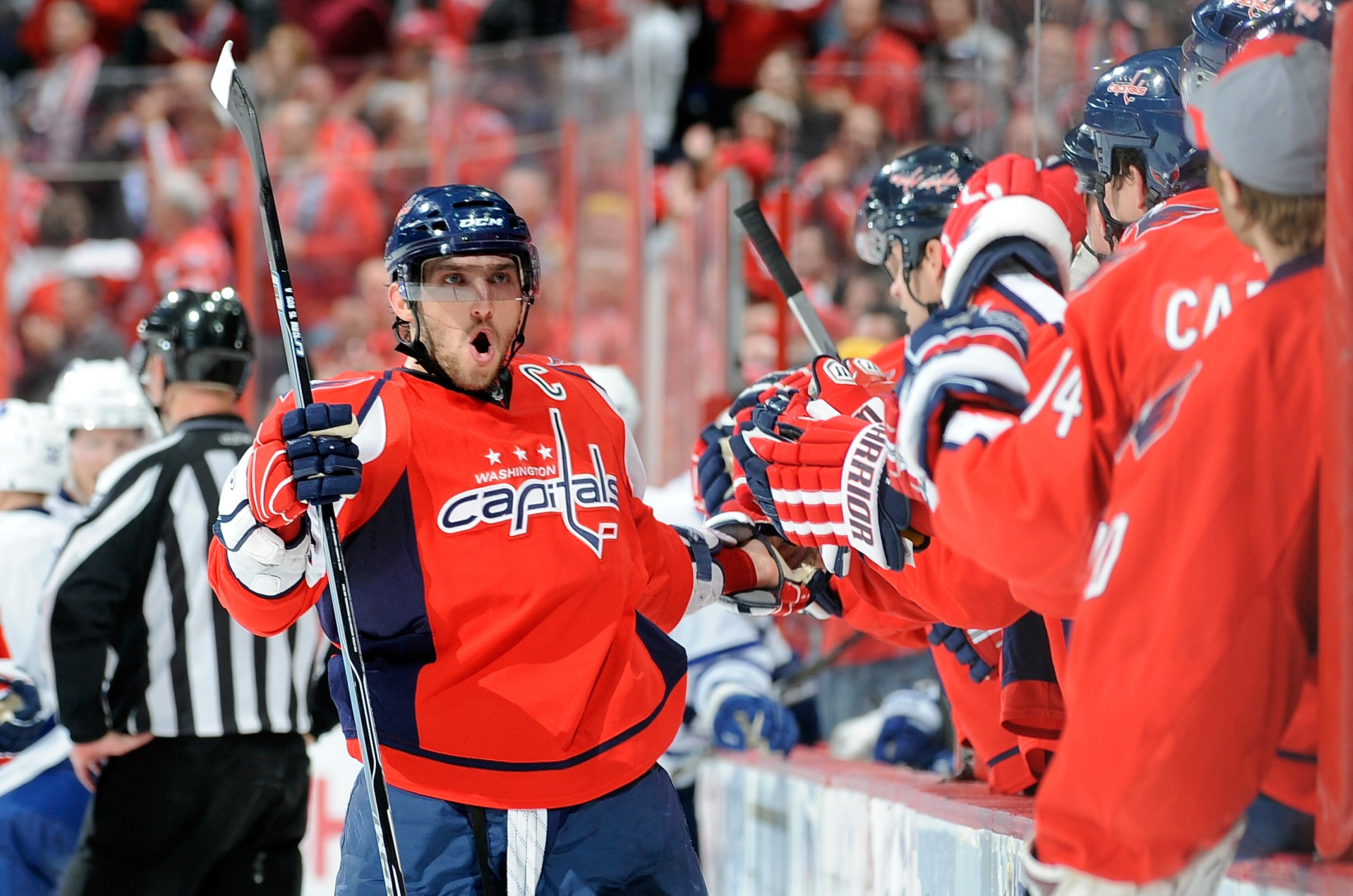 WASHINGTON - NOVEMBER 03:  Alex Ovechkin #8 of the Washington Capitals celebrates a Capitals goal in the third period against the Toronto Maple Leafs at the Verizon Center on November 3, 2010 in Washington, DC.  (Photo by Greg Fiume/Getty Images)