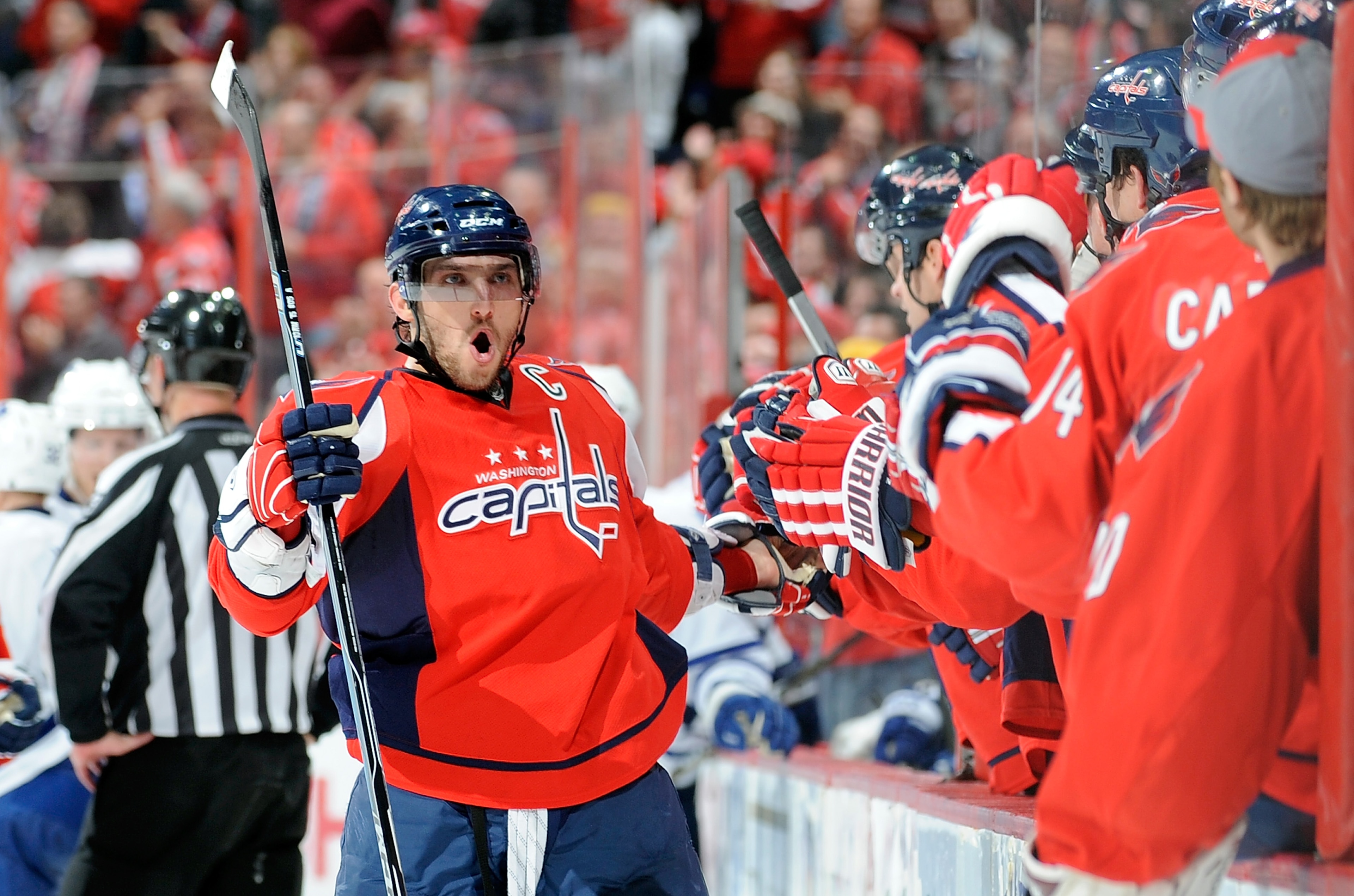 WASHINGTON - NOVEMBER 03:  Alex Ovechkin #8 of the Washington Capitals celebrates a Capitals goal in the third period against the Toronto Maple Leafs at the Verizon Center on November 3, 2010 in Washington, DC.  (Photo by Greg Fiume/Getty Images)