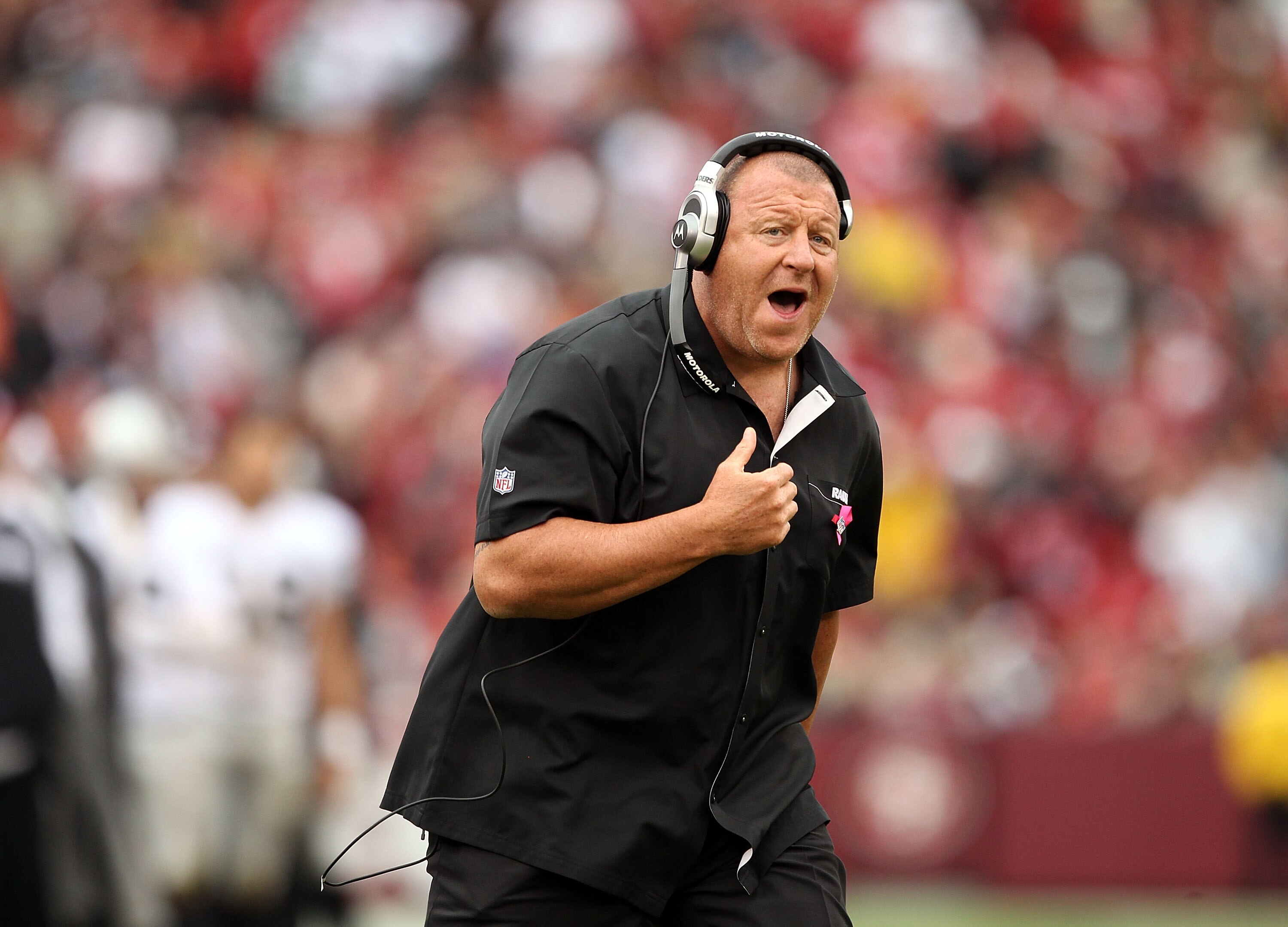 SAN FRANCISCO - OCTOBER 17:  Head coach Tom Cable of the Oakland Raiders walks the sidelines during their game against the San Francisco 49ers at Candlestick Park on October 17, 2010 in San Francisco, California.  (Photo by Ezra Shaw/Getty Images)