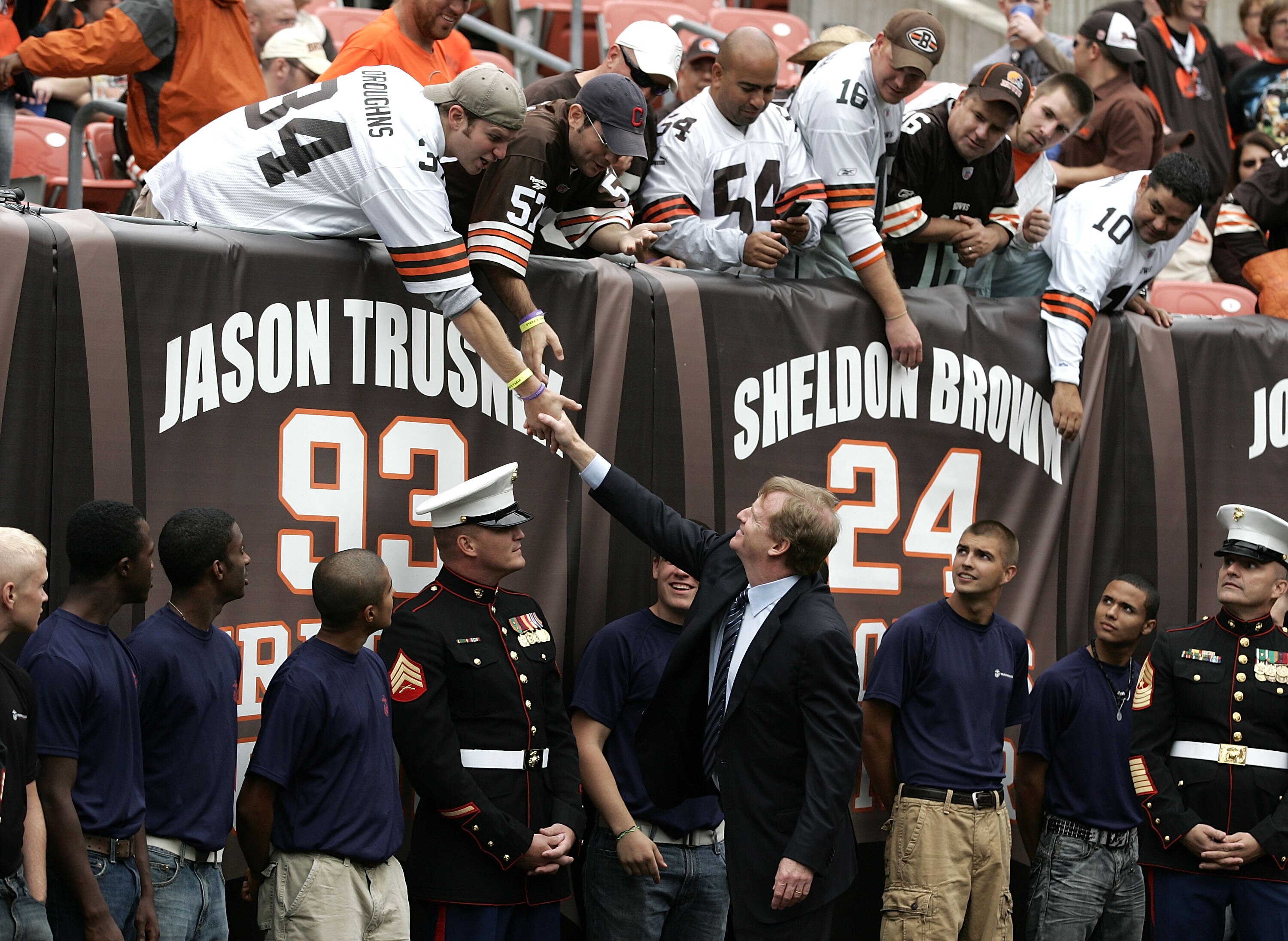 CLEVELAND - SEPTEMBER 19: Roger Goodell, Commissioner of the NFL, shakes hands with fans before the start of the Kansas City Chiefs versus Clevelnd Browns game at Cleveland Browns Stadium on September 19, 2010 in Cleveland, Ohio. (Photo by Matt Sullivan CLEVELAND - SEPTEMBER 19: Roger Goodell, Commissioner of the NFL, shakes hands with fans before the start of the Kansas City Chiefs versus Clevelnd Browns game at Cleveland Browns Stadium on September 19, 2010 in Cleveland, Ohio. (Photo by Matt Sullivan