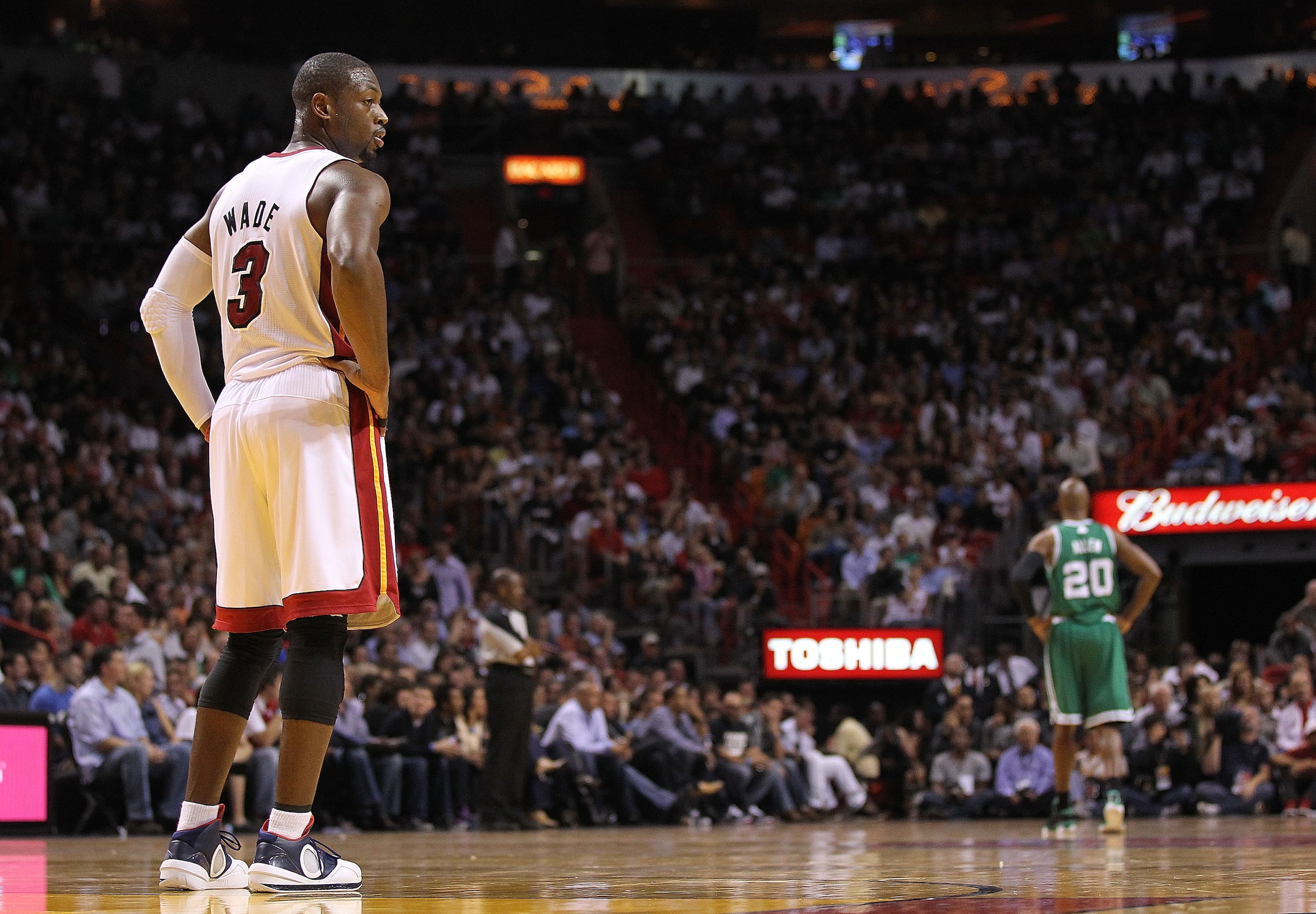 MIAMI - NOVEMBER 11: Dwyane Wade #3 of the Miami Heat waits during a foul shot during a game against the Boston Celtics at American Airlines Arena on November 11, 2010 in Miami, Florida. NOTE TO USER: User expressly acknowledges and agrees that, by downl MIAMI - NOVEMBER 11: Dwyane Wade #3 of the Miami Heat waits during a foul shot during a game against the Boston Celtics at American Airlines Arena on November 11, 2010 in Miami, Florida. NOTE TO USER: User expressly acknowledges and agrees that, by downl
